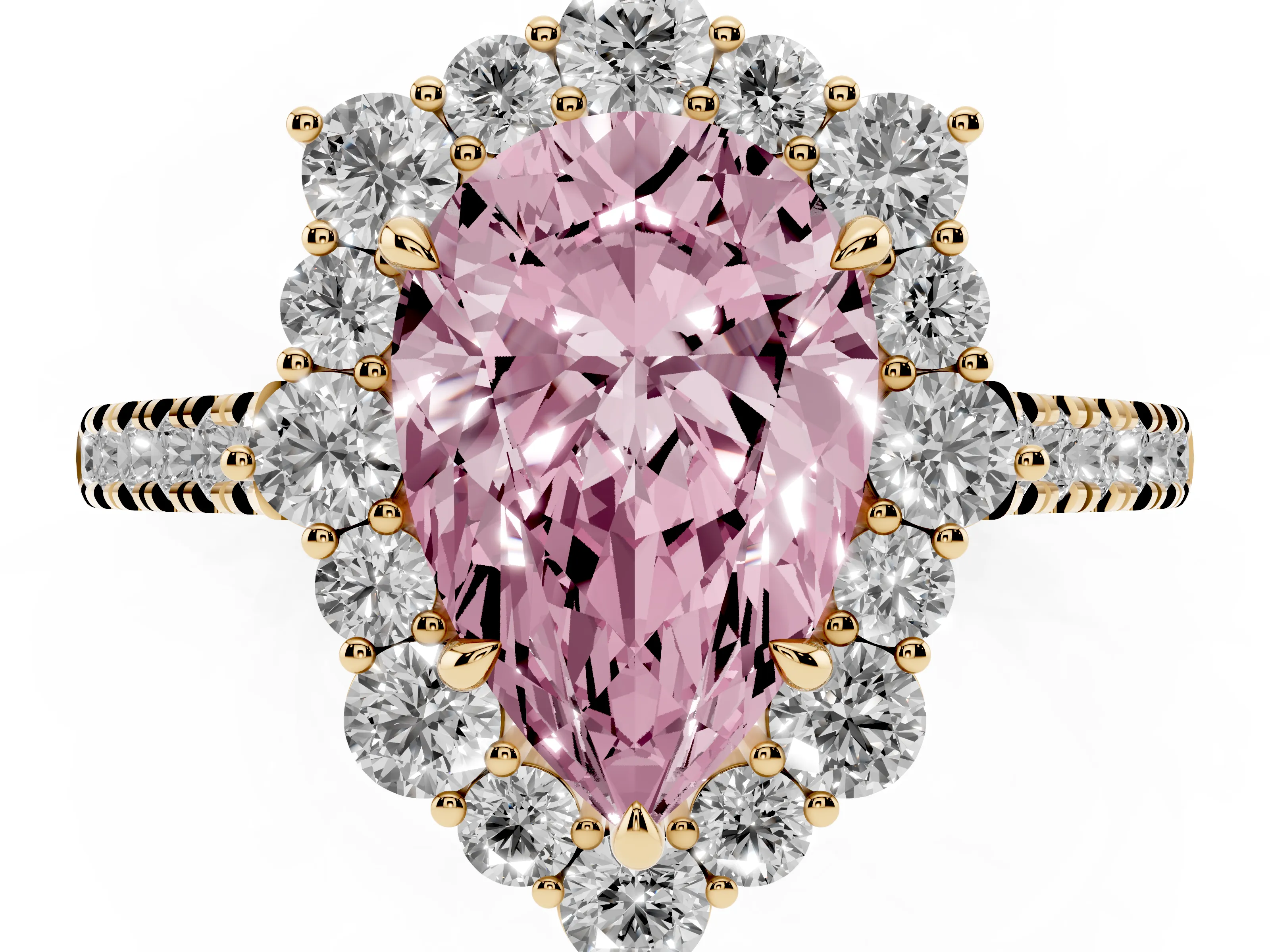 Fancy Pink Pear Cut Diamond Halo Ring Set in Yellow gold with Pavé Band and Prong Setting