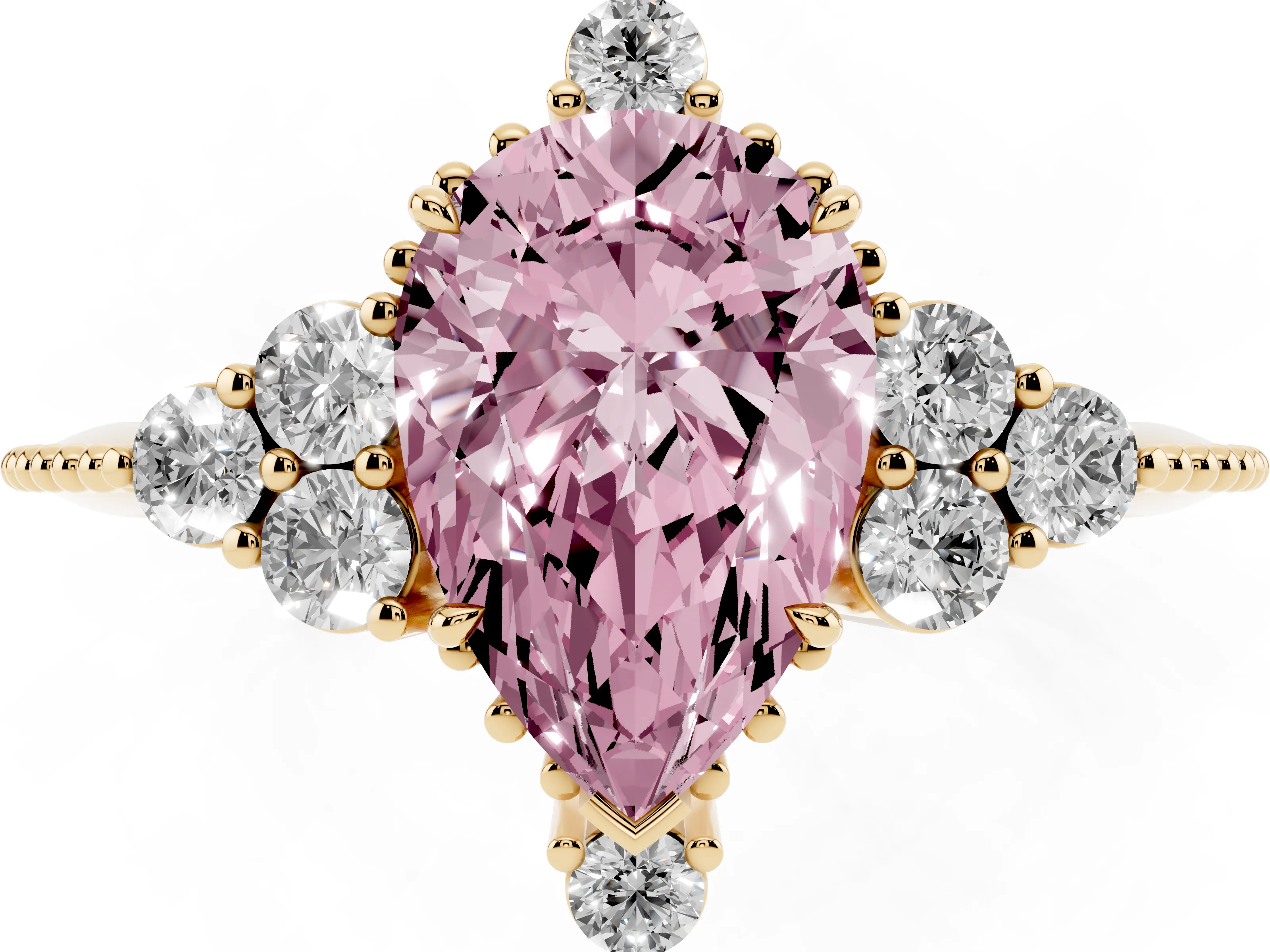 Fancy Pink Pear Cut Diamond Cluster Ring Set in Yellow gold with Beaded Band