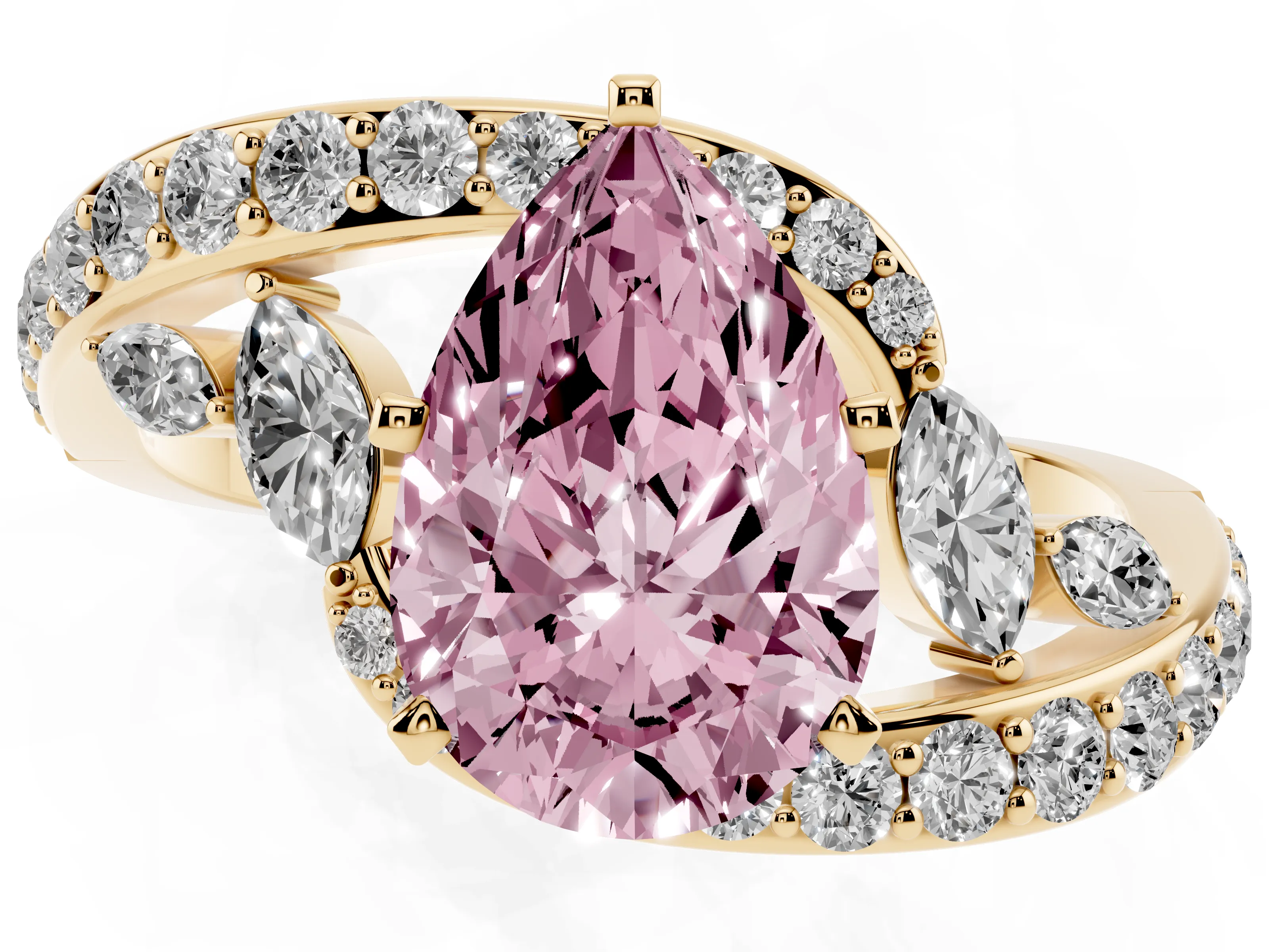 Fancy Pink Pear Cut Diamond Solitaire Ring Set in Yellow gold with Pavé Twist Band and Secure Prong Setting