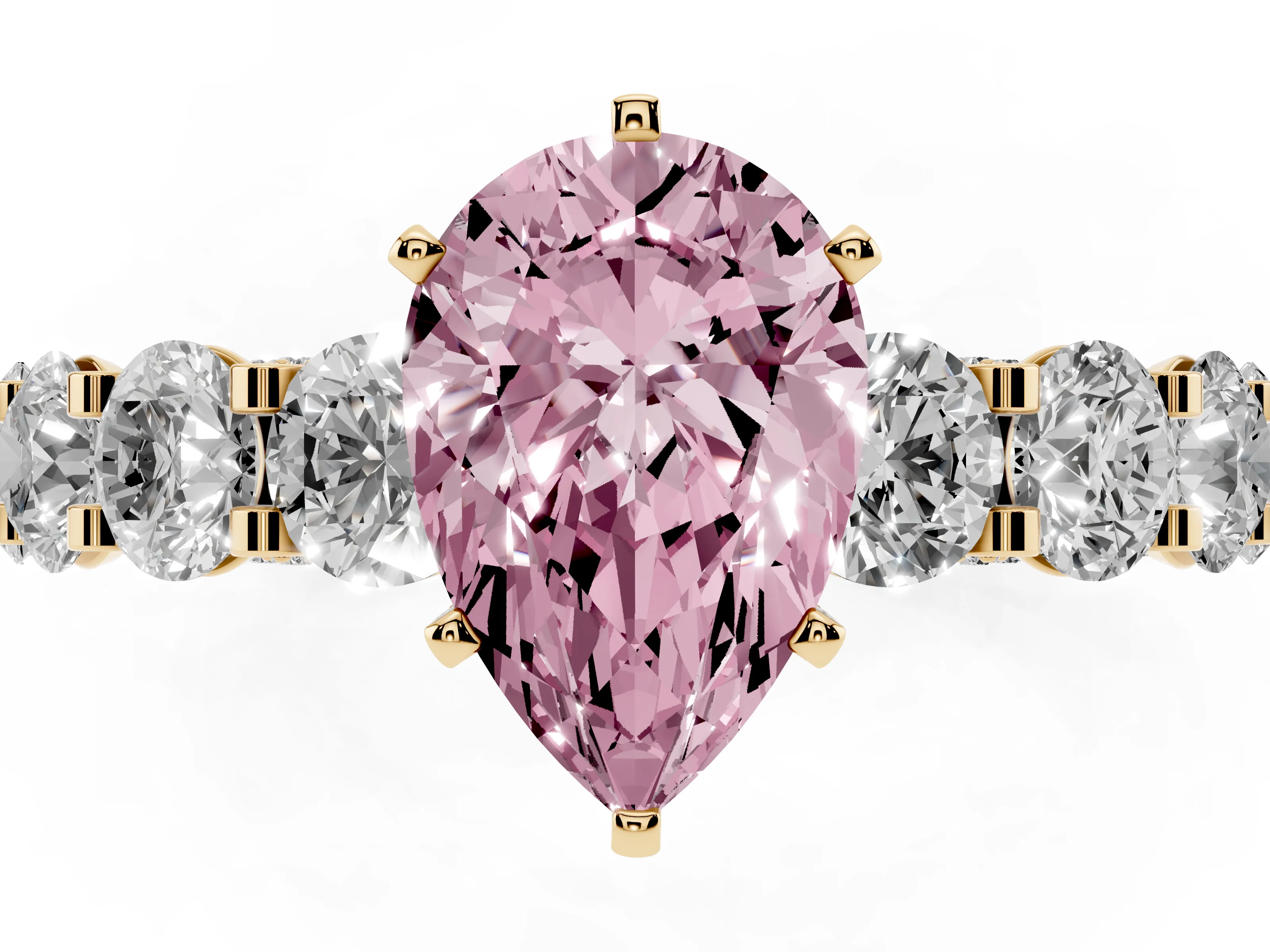 Fancy Pink Pear Cut Diamond Side Stone Ring Set in Yellow gold with Alternating Round and Oval Side Stones