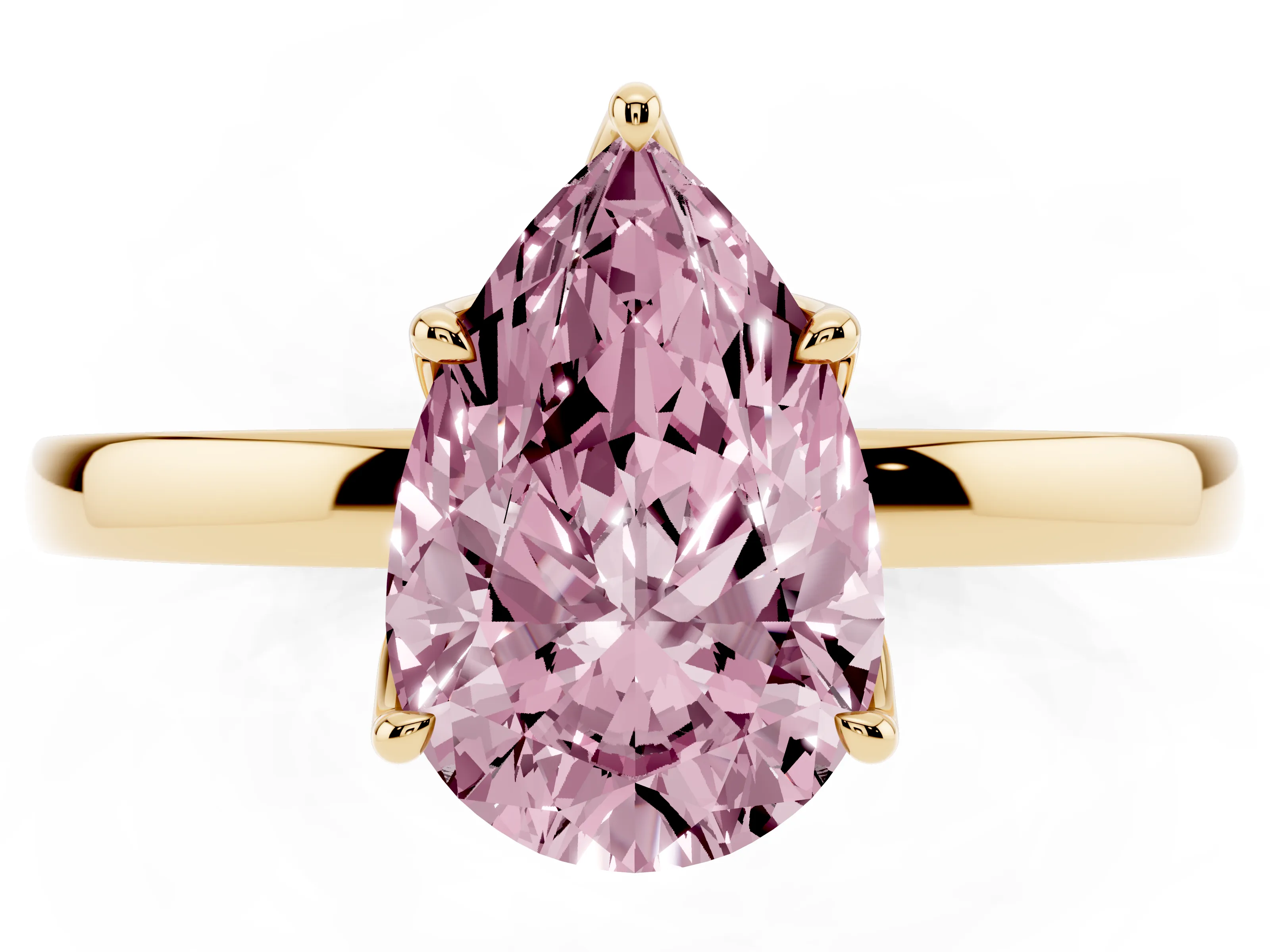Fancy Pink Pear Cut Diamond Solitaire Ring Set in Yellow gold with Prong Setting and Thin Polished Band