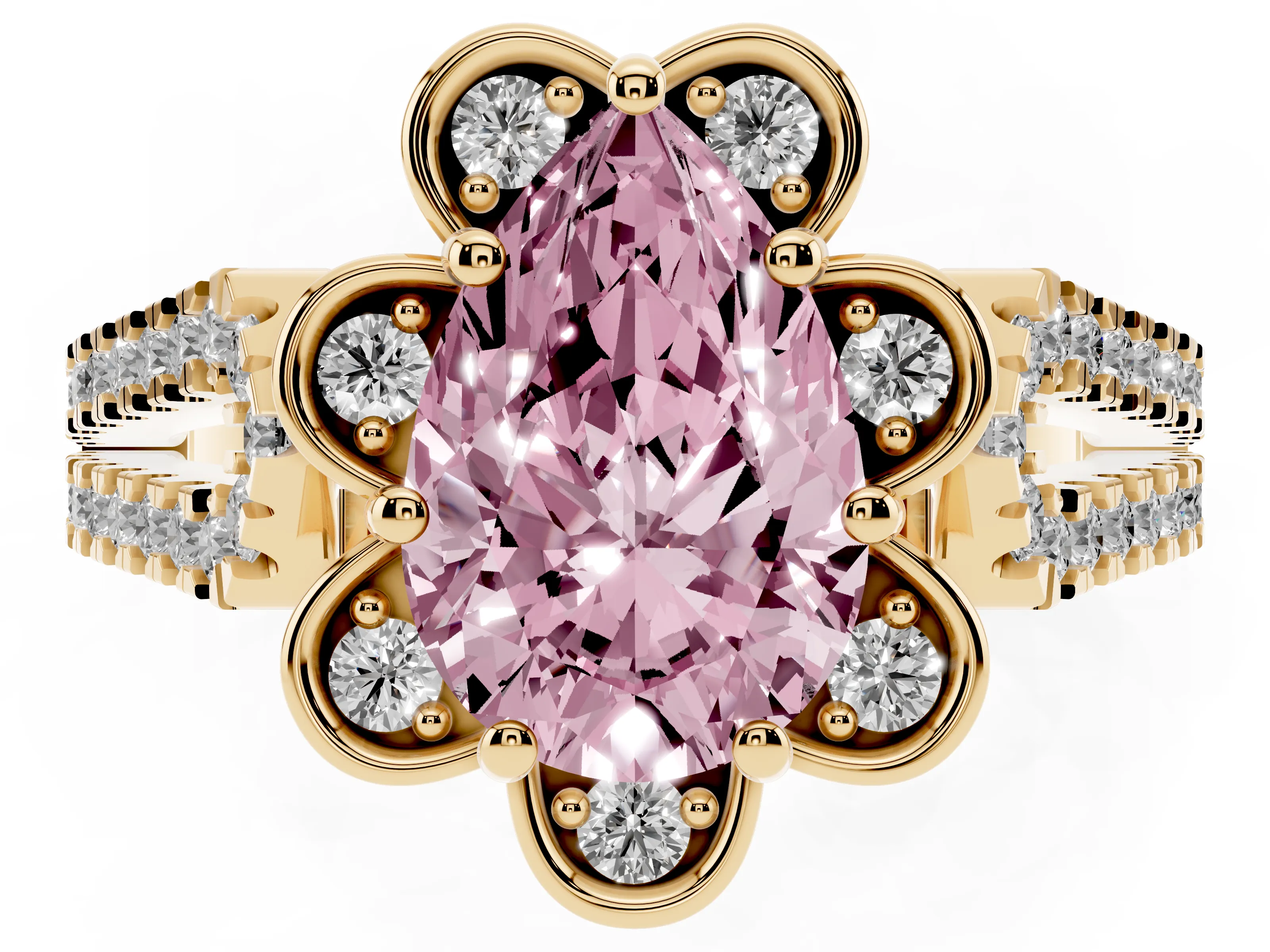 Fancy Pink Pear Cut Diamond Floral Halo Split Shank Engagement Ring Set in Yellow gold with Pavé Shank
