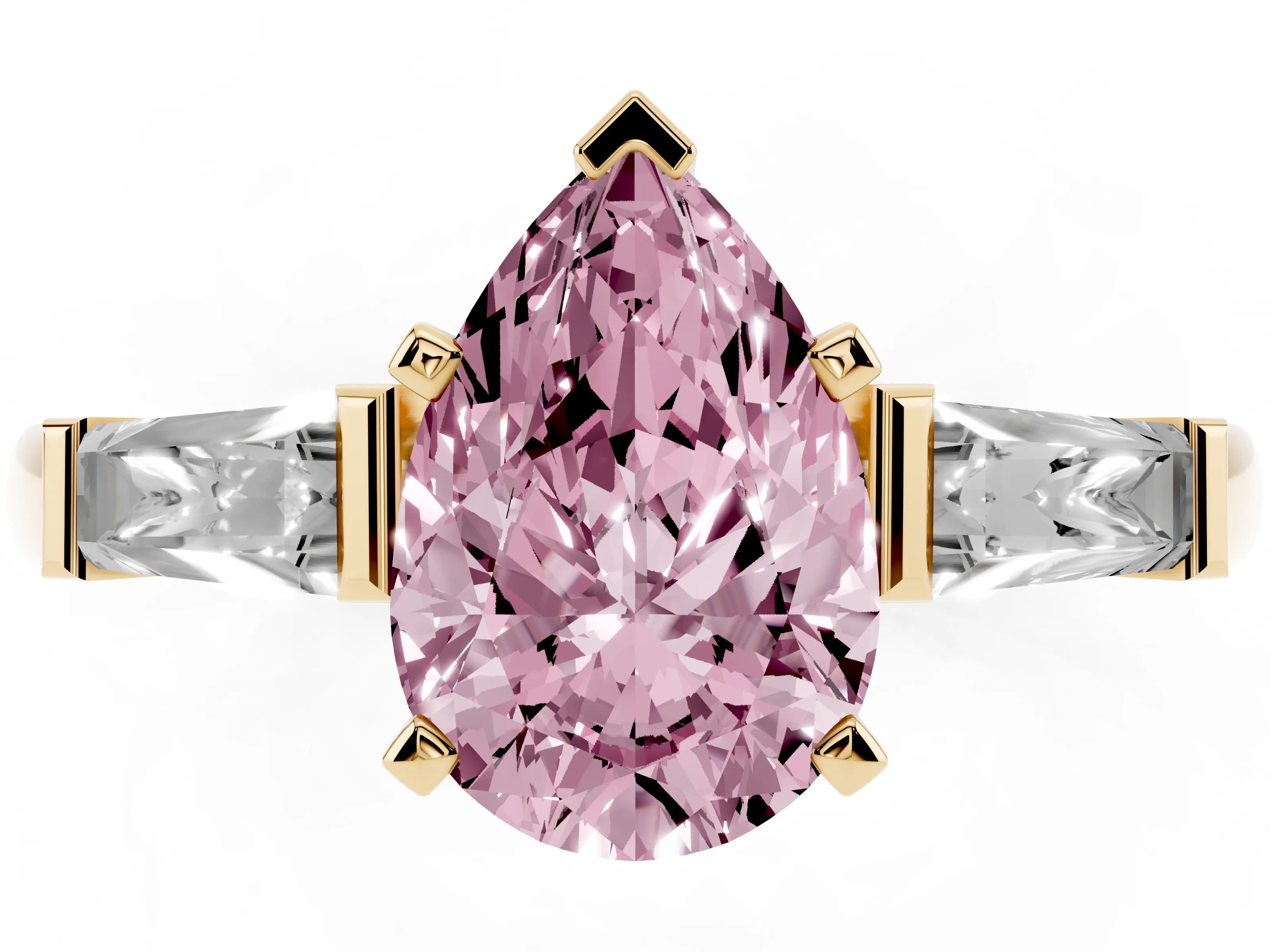 Fancy Pink Pear Cut Diamond Solitaire Ring Set in Yellow gold with Tapered Baguette Side Stones and Prong Setting