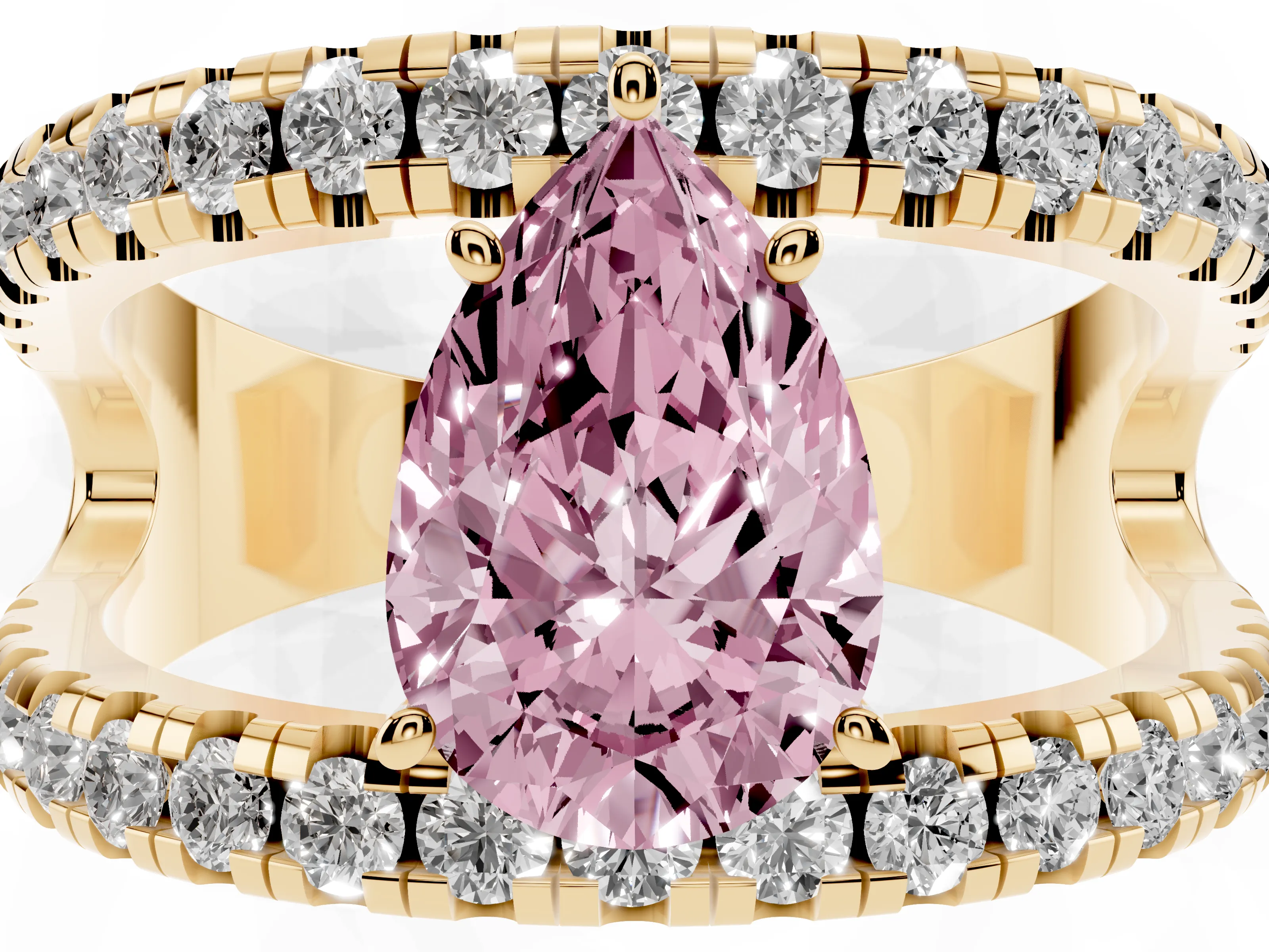 Fancy Pink Pear Cut Diamond Split Shank Pavé Solitaire Ring Set in Yellow gold with Open Shank Design