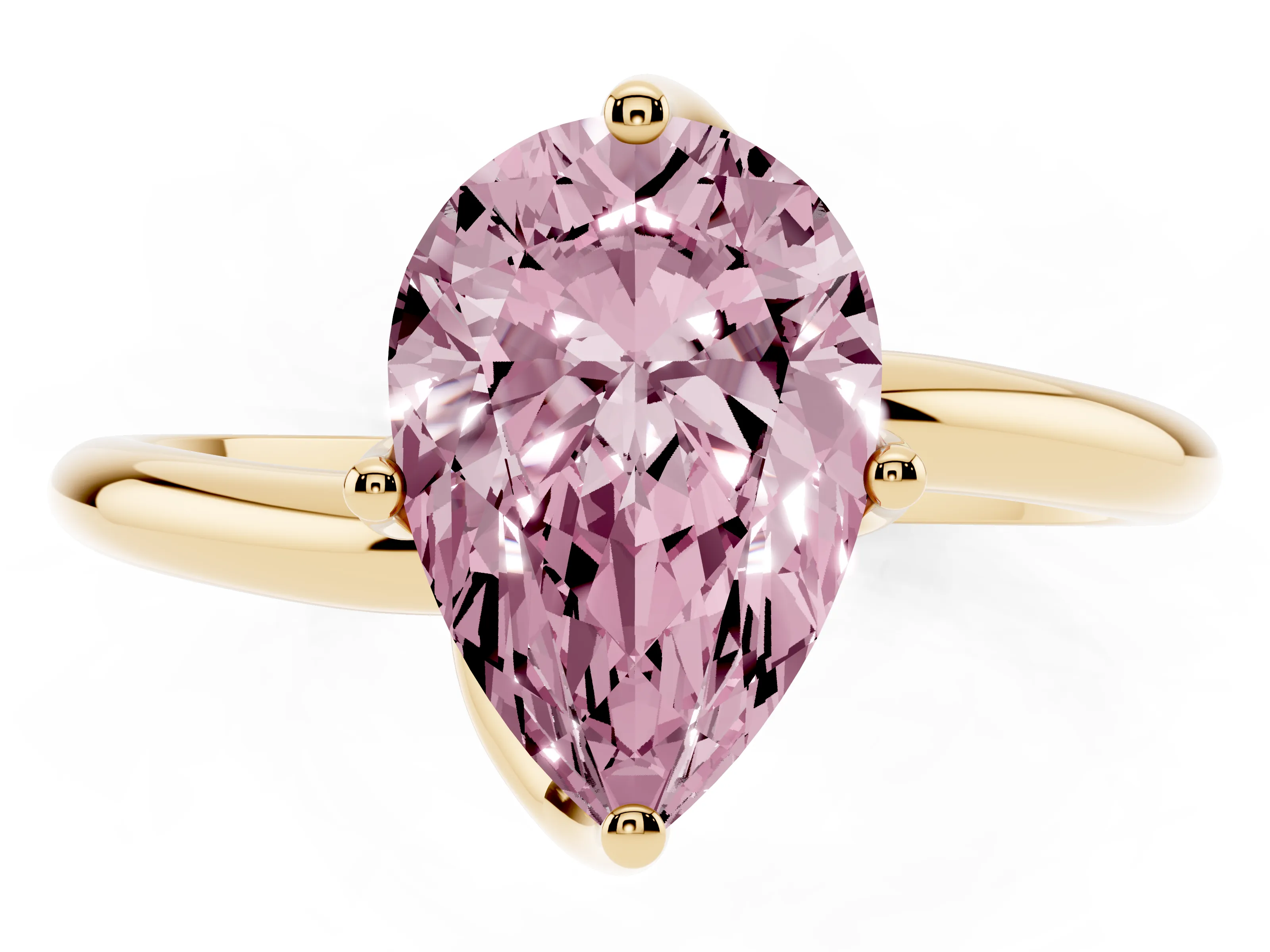 Fancy Pink Pear Cut Diamond Solitaire Engagement Ring Set in Yellow gold with Classic Plain Band