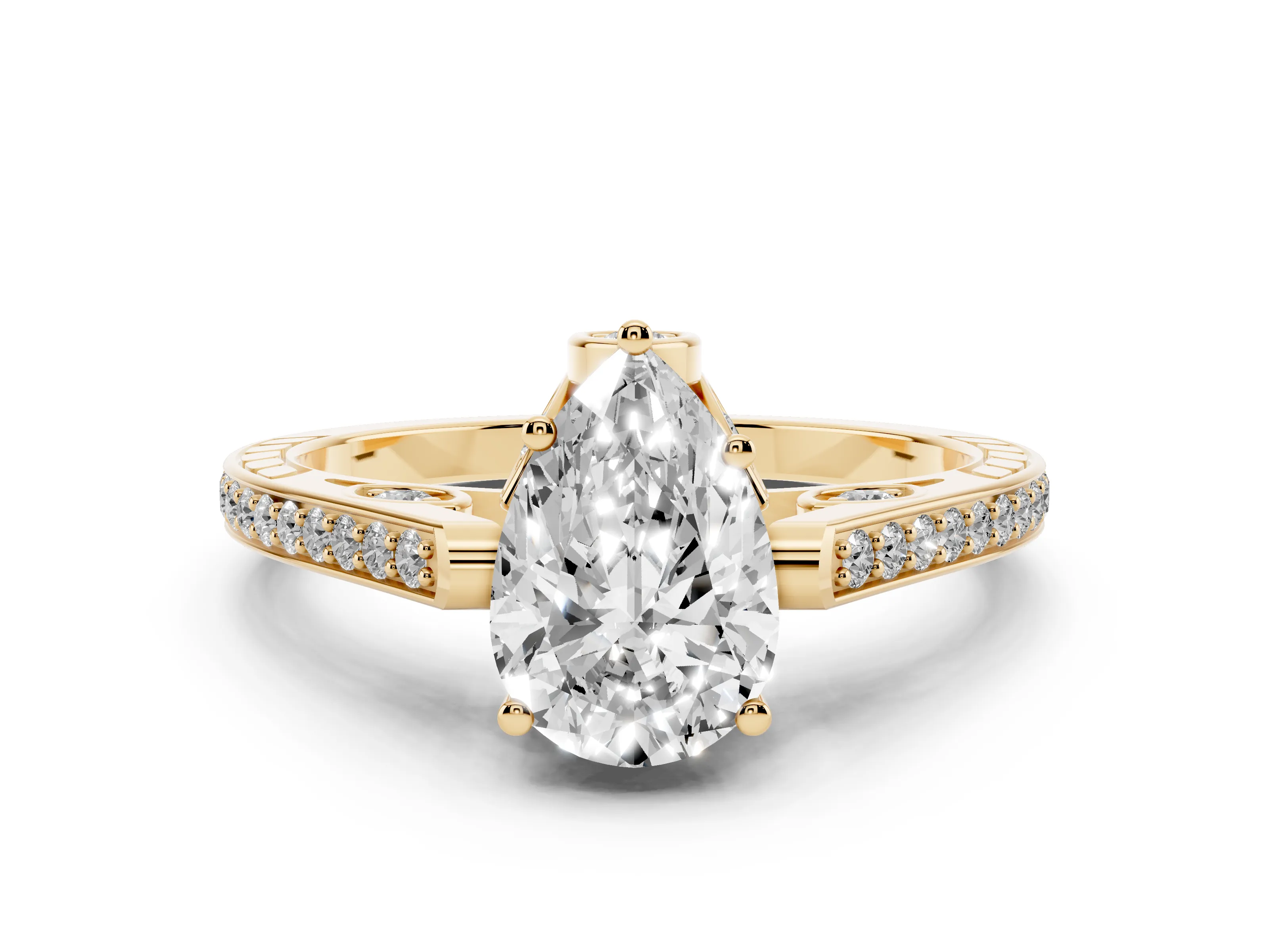 Pear Cut Diamond Cathedral Pavé Engagement Ring Set in Yellow gold with Prong Setting
