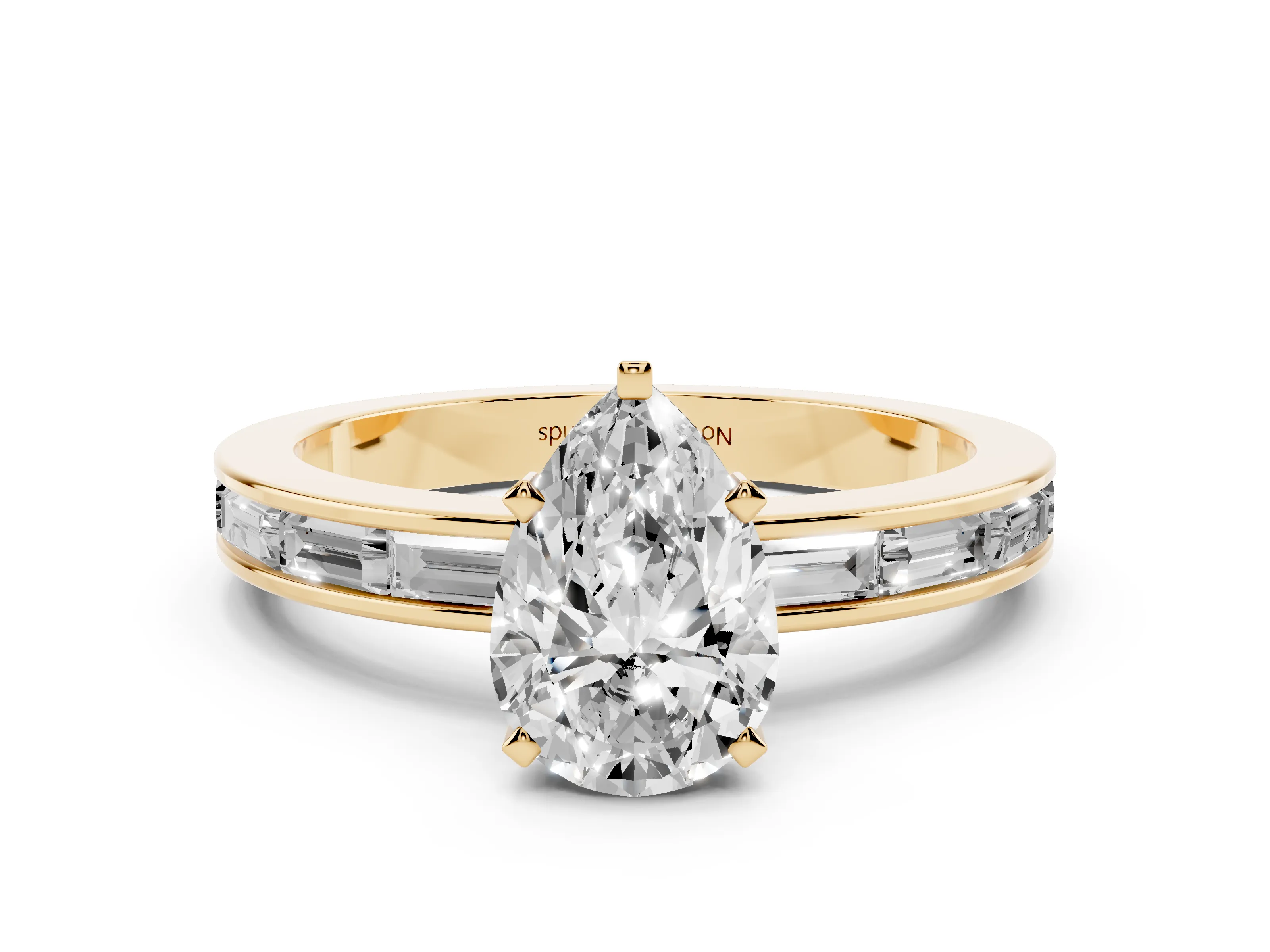 Pear Cut Diamond Solitaire Ring Set in Yellow gold with Channel-Set Baguette Band and Prong Setting