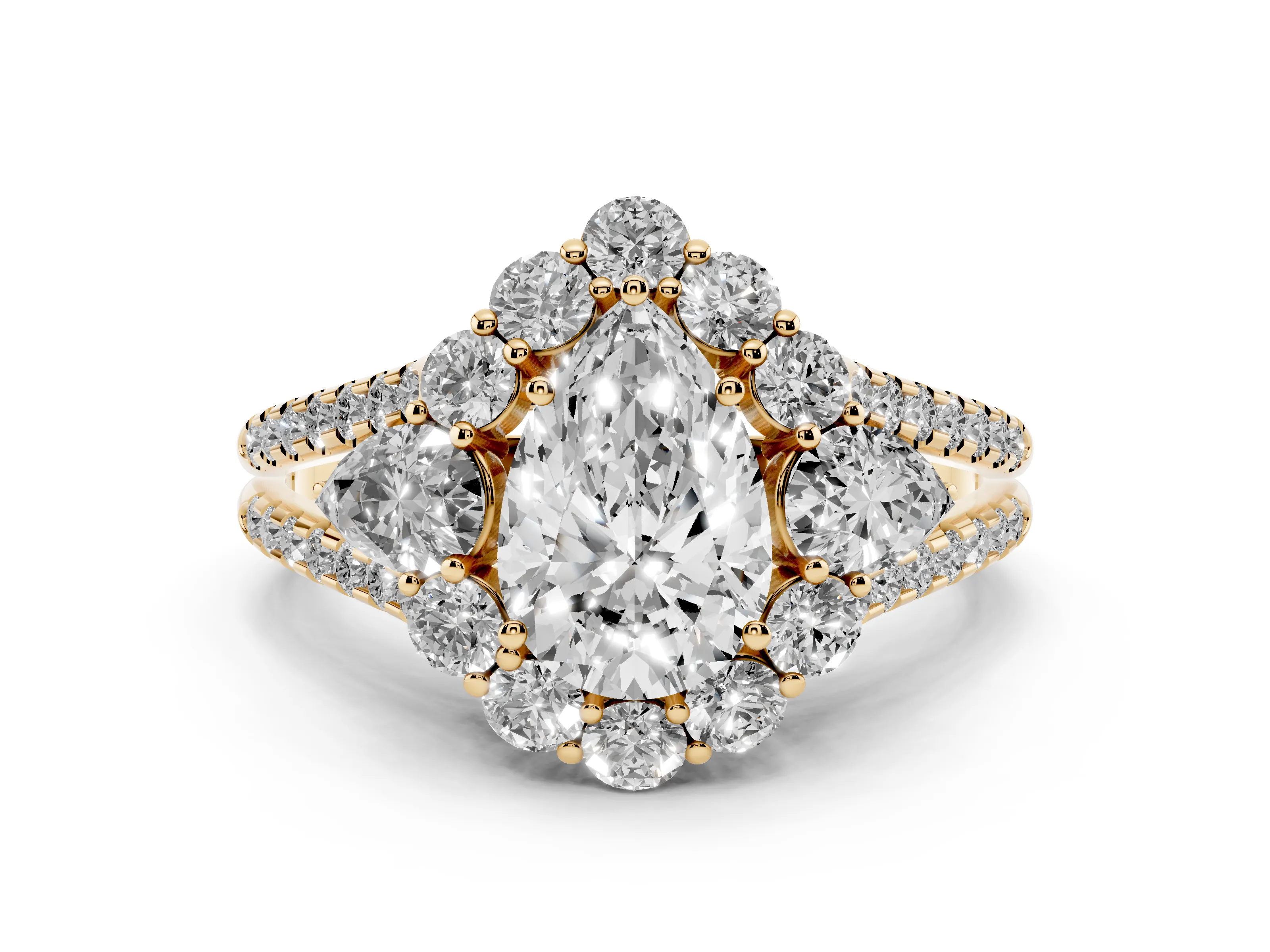 Pear Cut Diamond Halo Split Shank Engagement Ring Set in Yellow gold with Prong-Held Center Stone