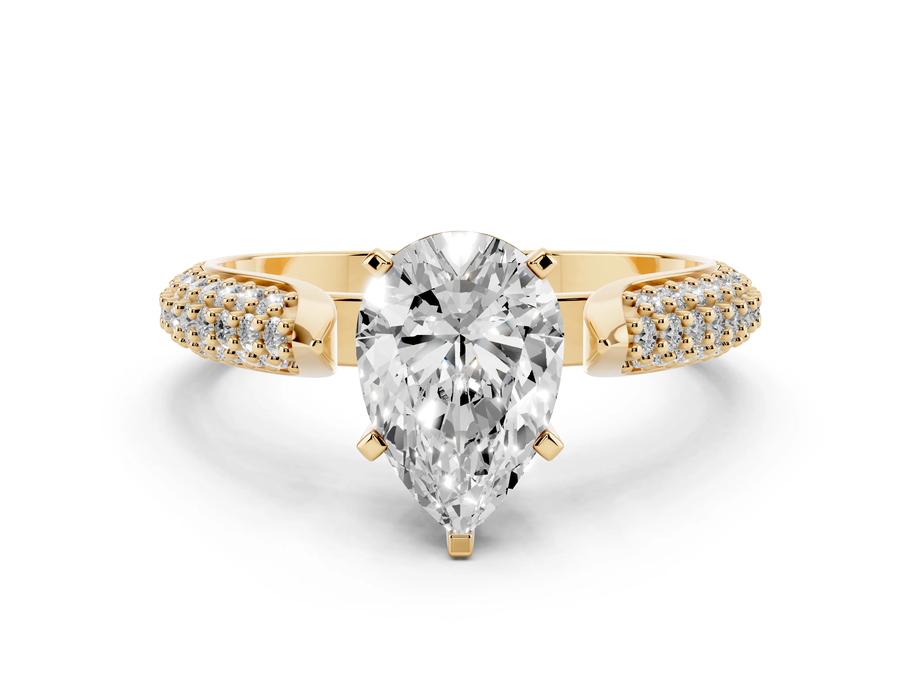 Pear Cut Diamond Solitaire Engagement Ring Set in Yellow gold with Multi-Row Round Pavé Band and Prong Setting