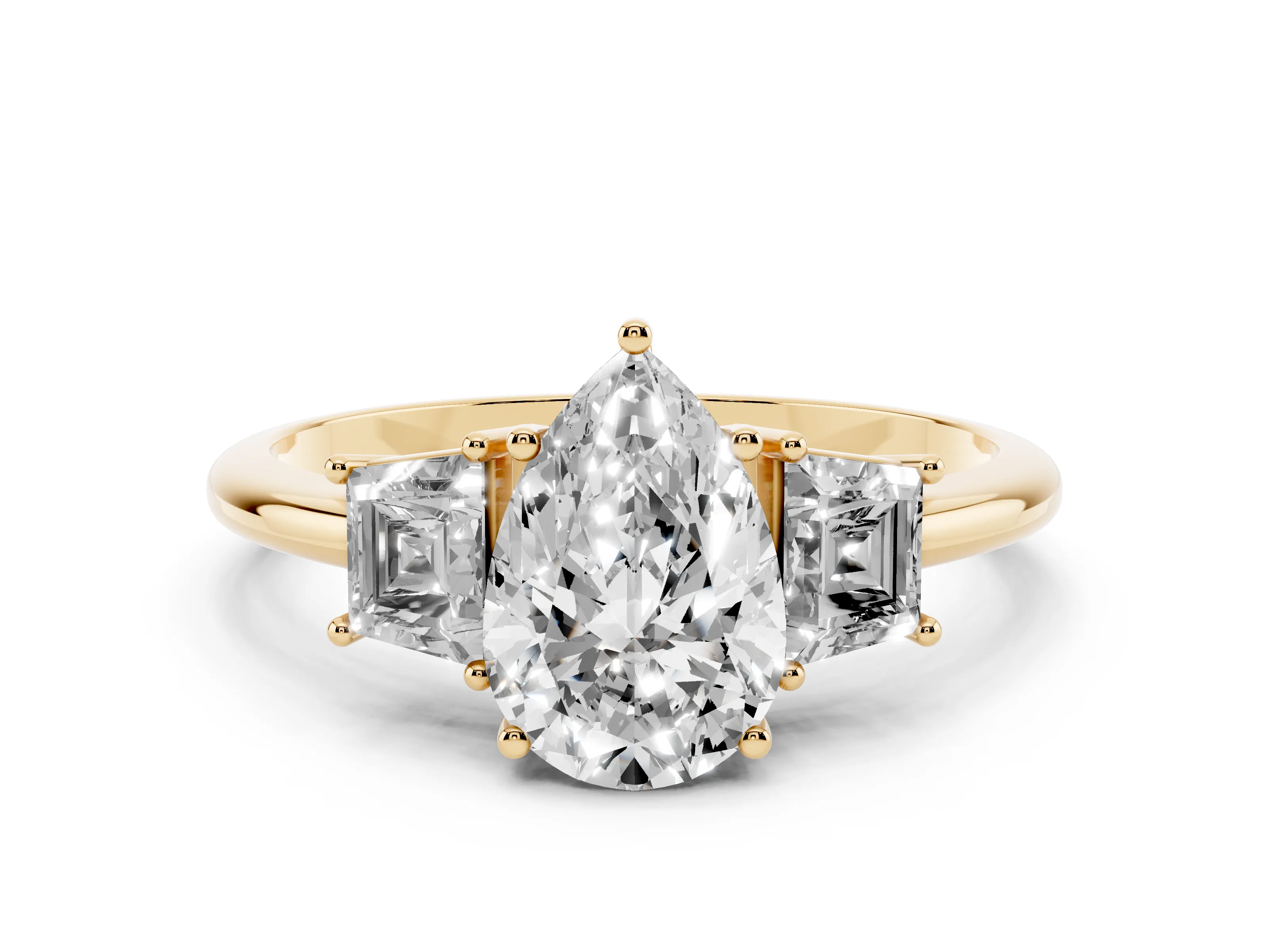 Pear Cut Diamond Three-Stone Ring Set in Yellow gold with Trapezoid Side Stones and Prong Setting
