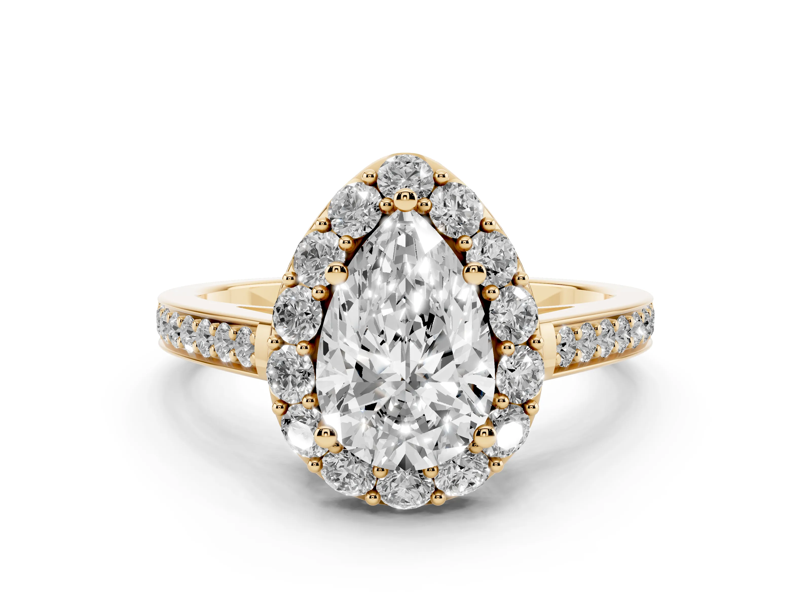 Pear Cut Diamond Floral Halo Ring Set in Yellow gold with Pavé Band and Prong Setting