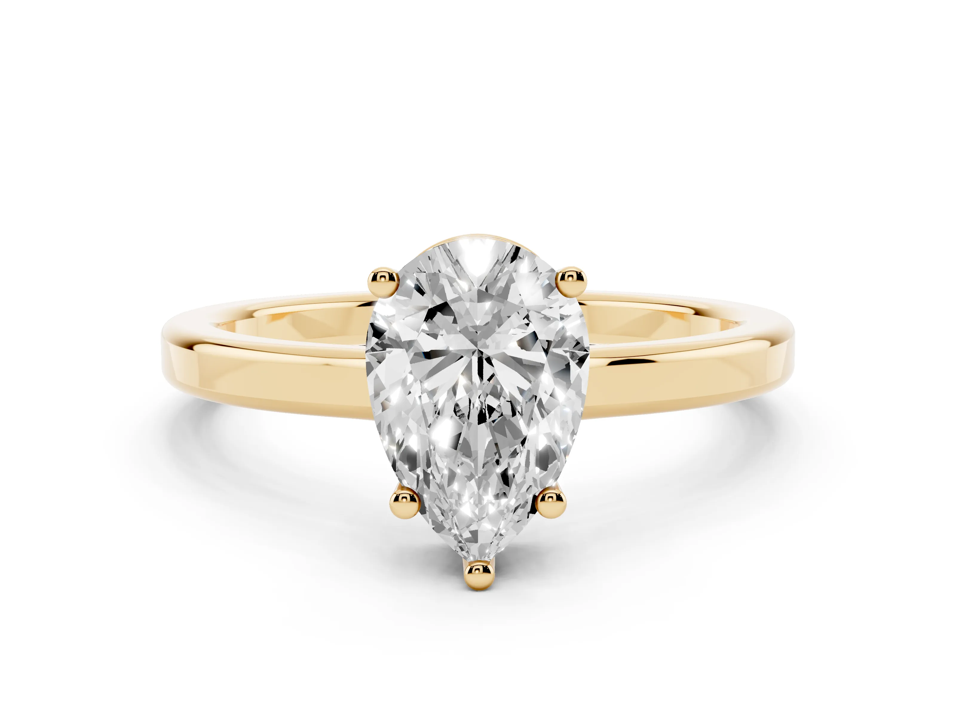 Pear Cut Diamond Solitaire Engagement Ring Set in Yellow gold with Prong Setting on a Plain Band