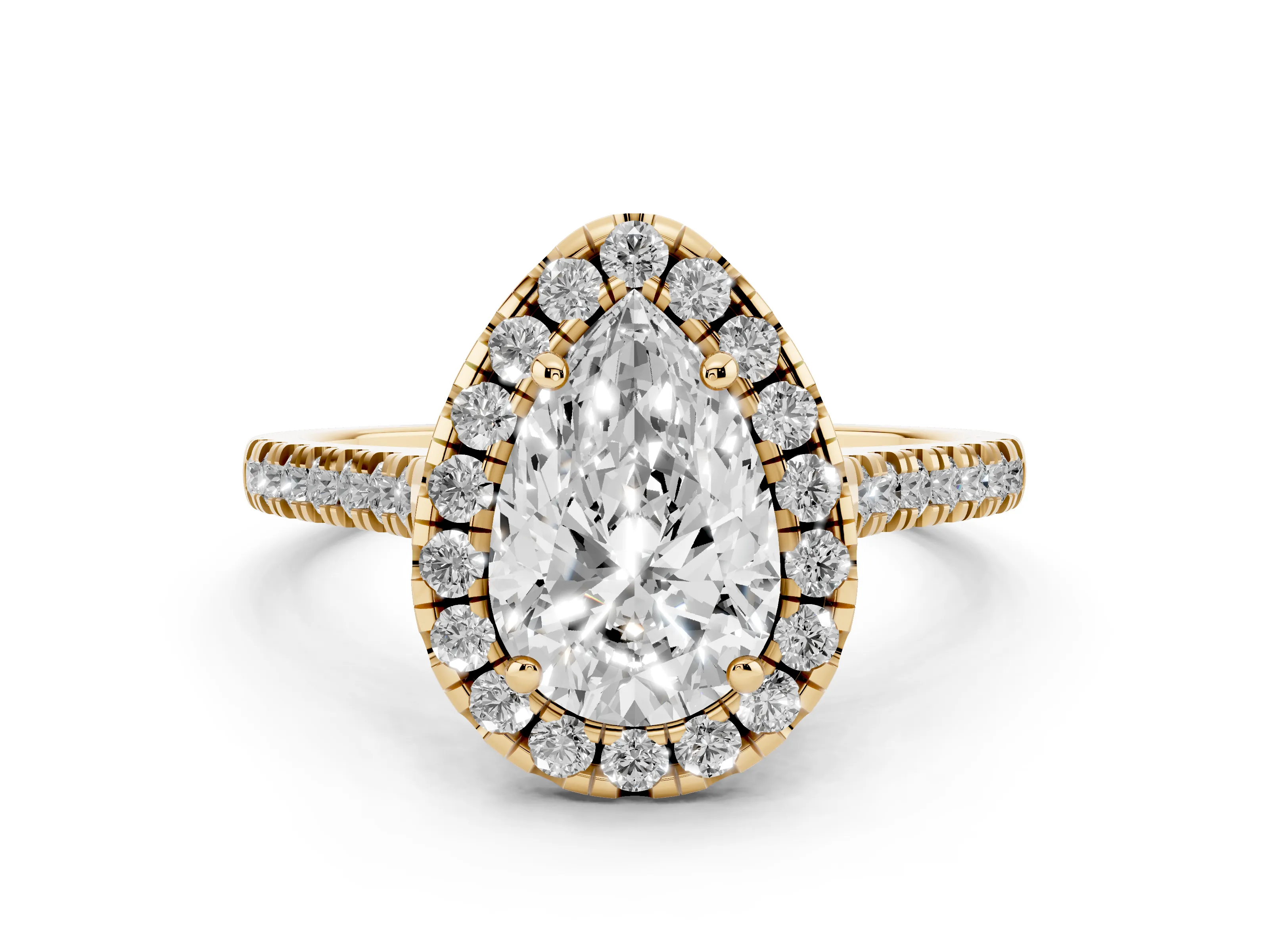 Pear Cut Diamond Cushion Halo Ring Set in Yellow gold with Pavé Band