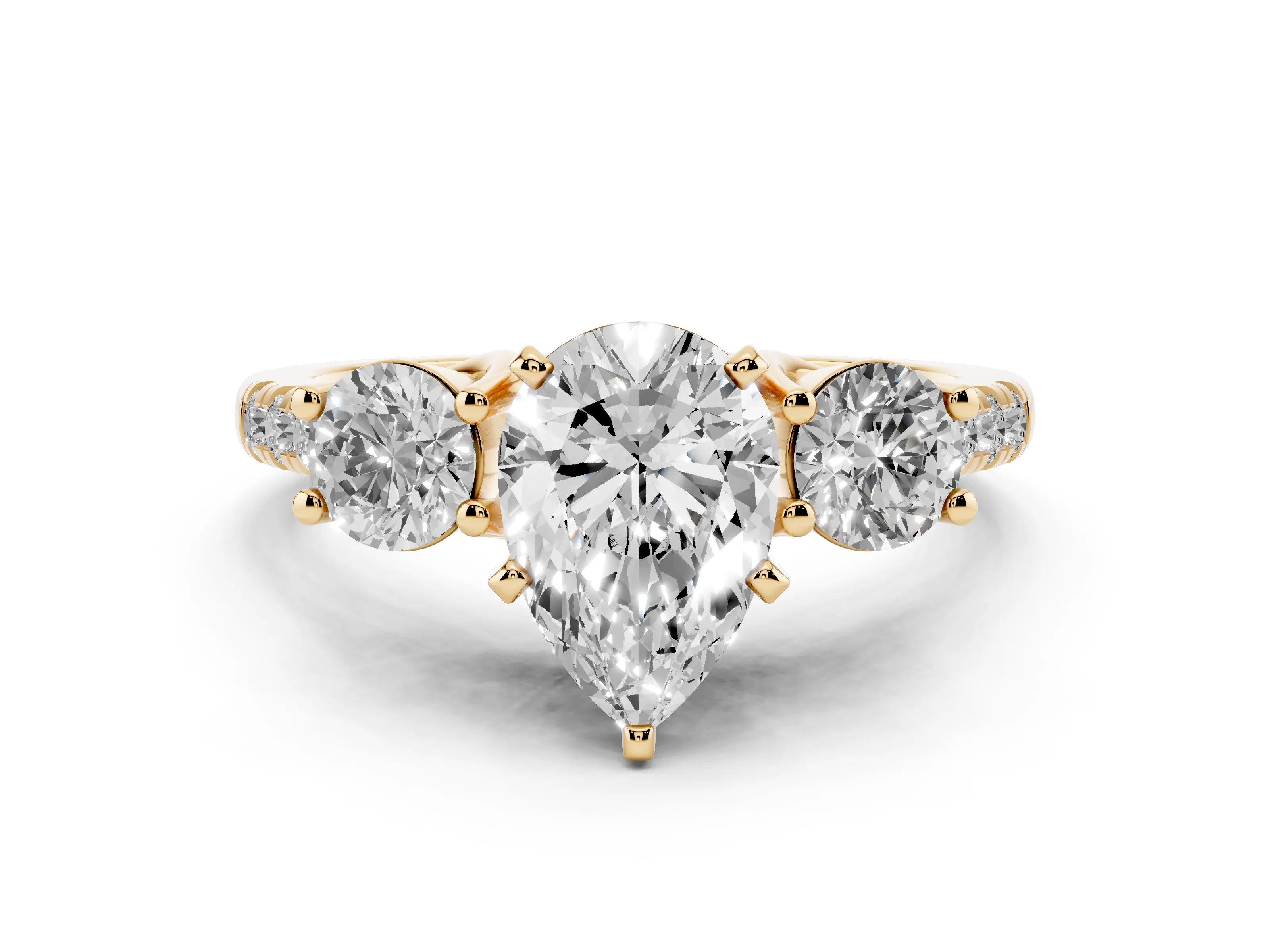 Three-Stone Pear Cut Diamond Pavé Band Ring Set in Yellow gold with Prong-Set Trio