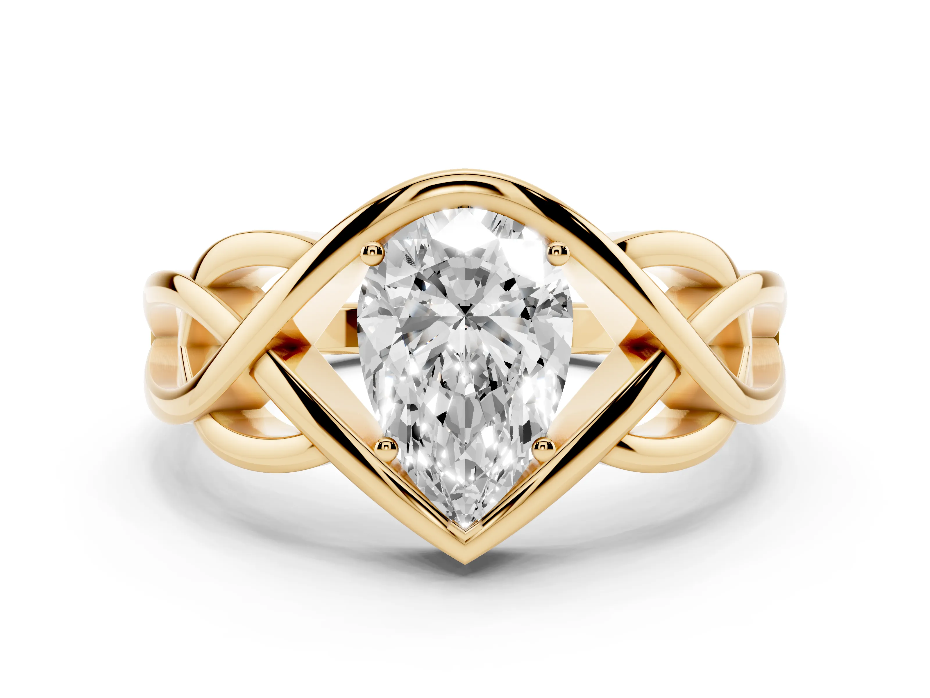 Pear Cut Diamond Solitaire Ring Set in Yellow gold with Intertwined Band