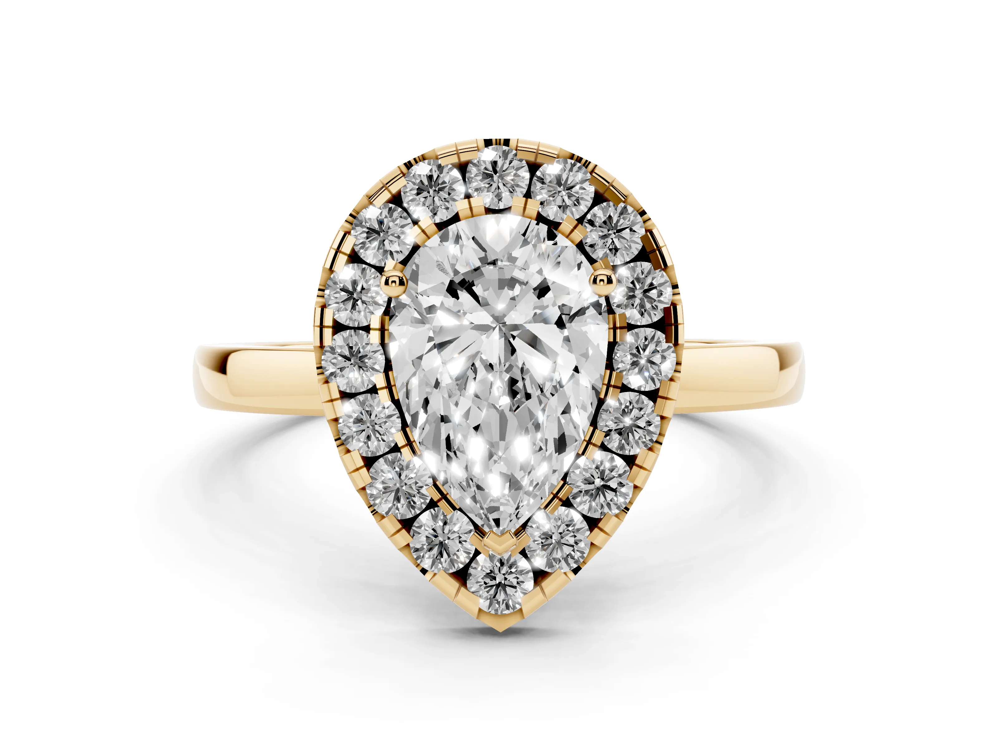 Pear Cut Diamond Halo Solitaire Ring Set in Yellow gold with Pavé Band and Prong Setting