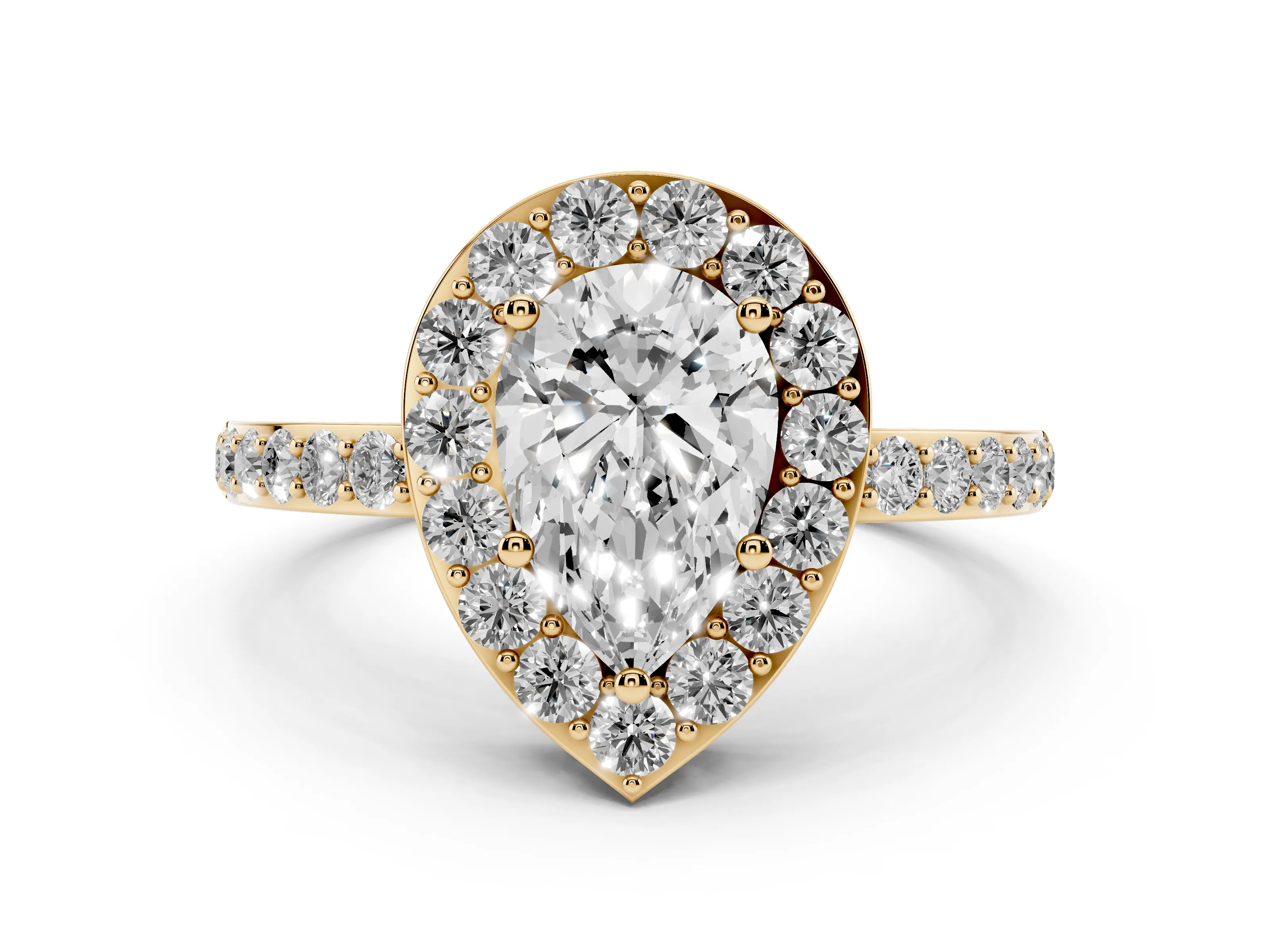 Pear Cut Diamond Halo Ring Set in Yellow gold with Pavé-Setting Band and Open Prong Center