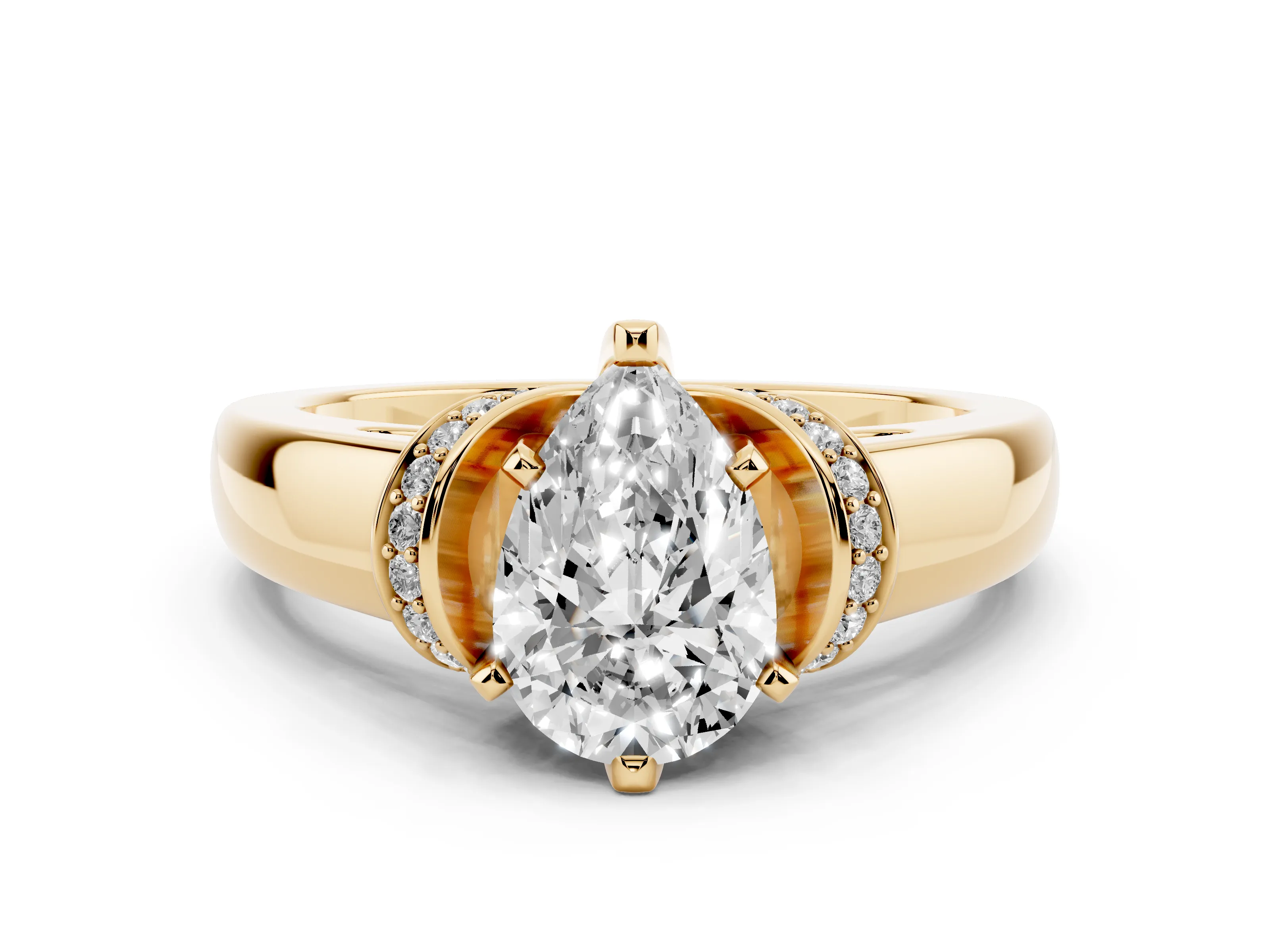 Pear Cut Diamond Pavé Band Solitaire Ring Set in Yellow gold with Prong Setting