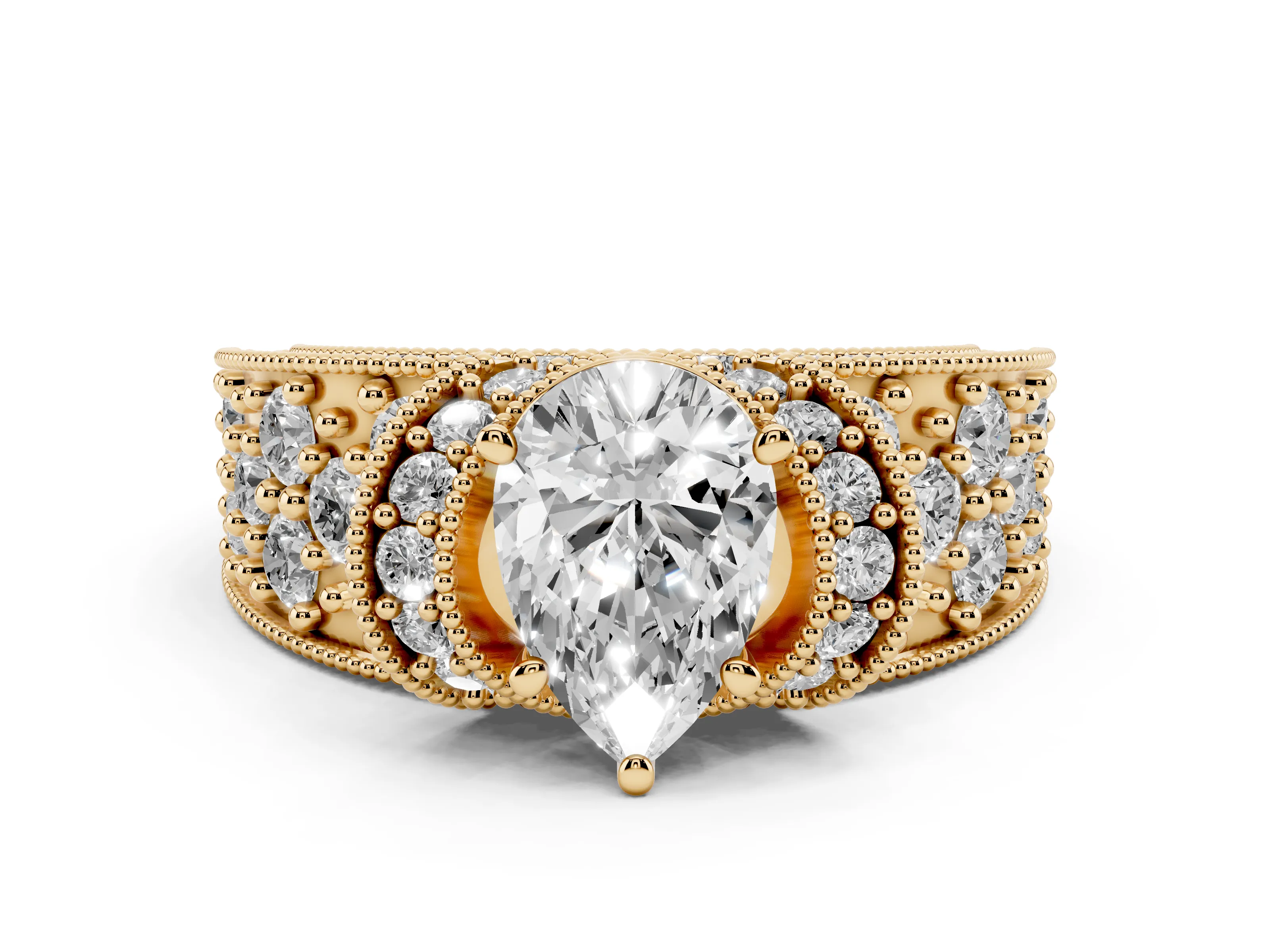 Pear Cut Diamond Milgrain Halo Pavé Engagement Ring Set in Yellow gold with Prong Setting