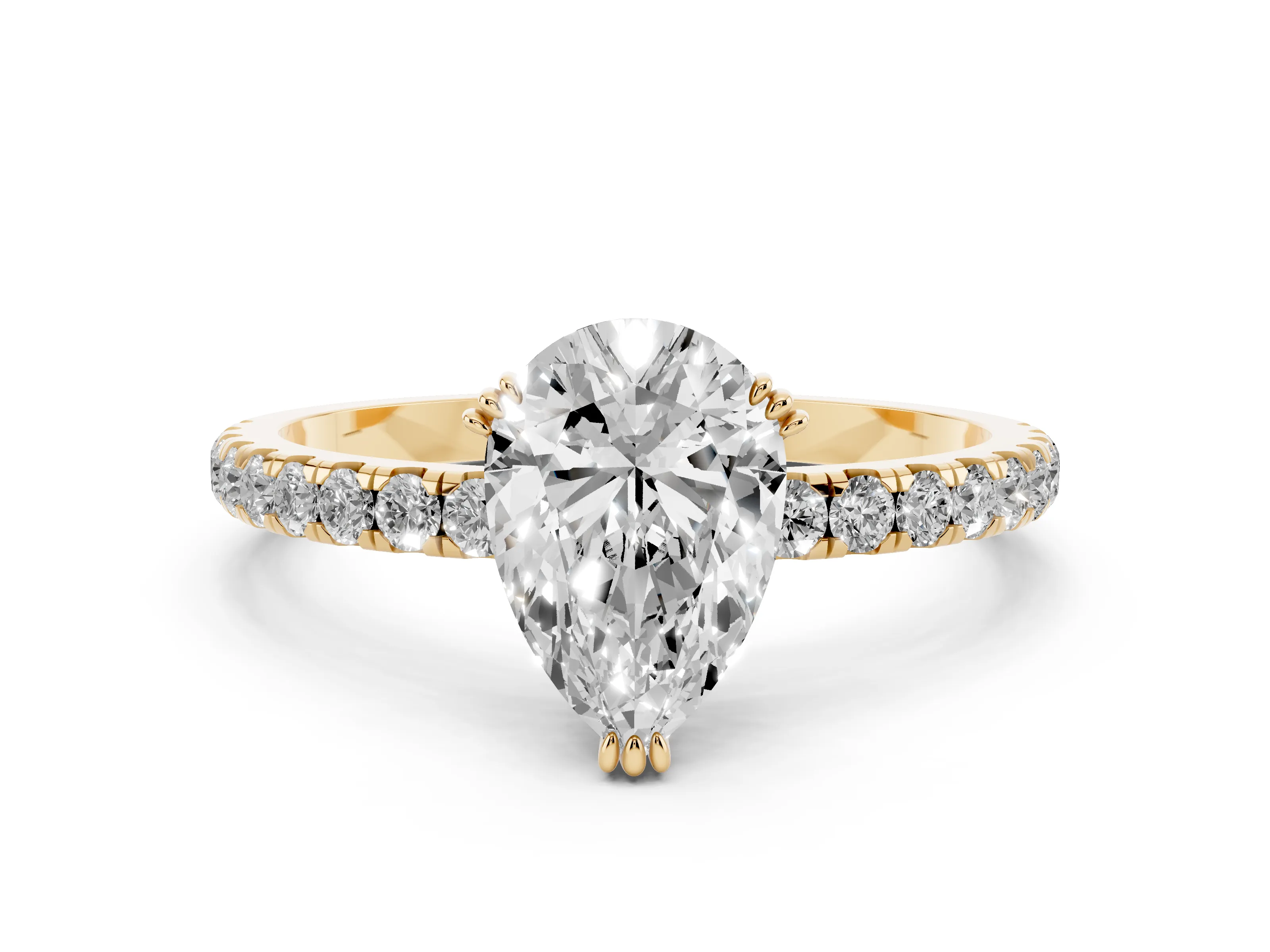 Pear Cut Diamond Brilliant Solitaire Set in Yellow gold with Pavé Band and Claw Prong Setting