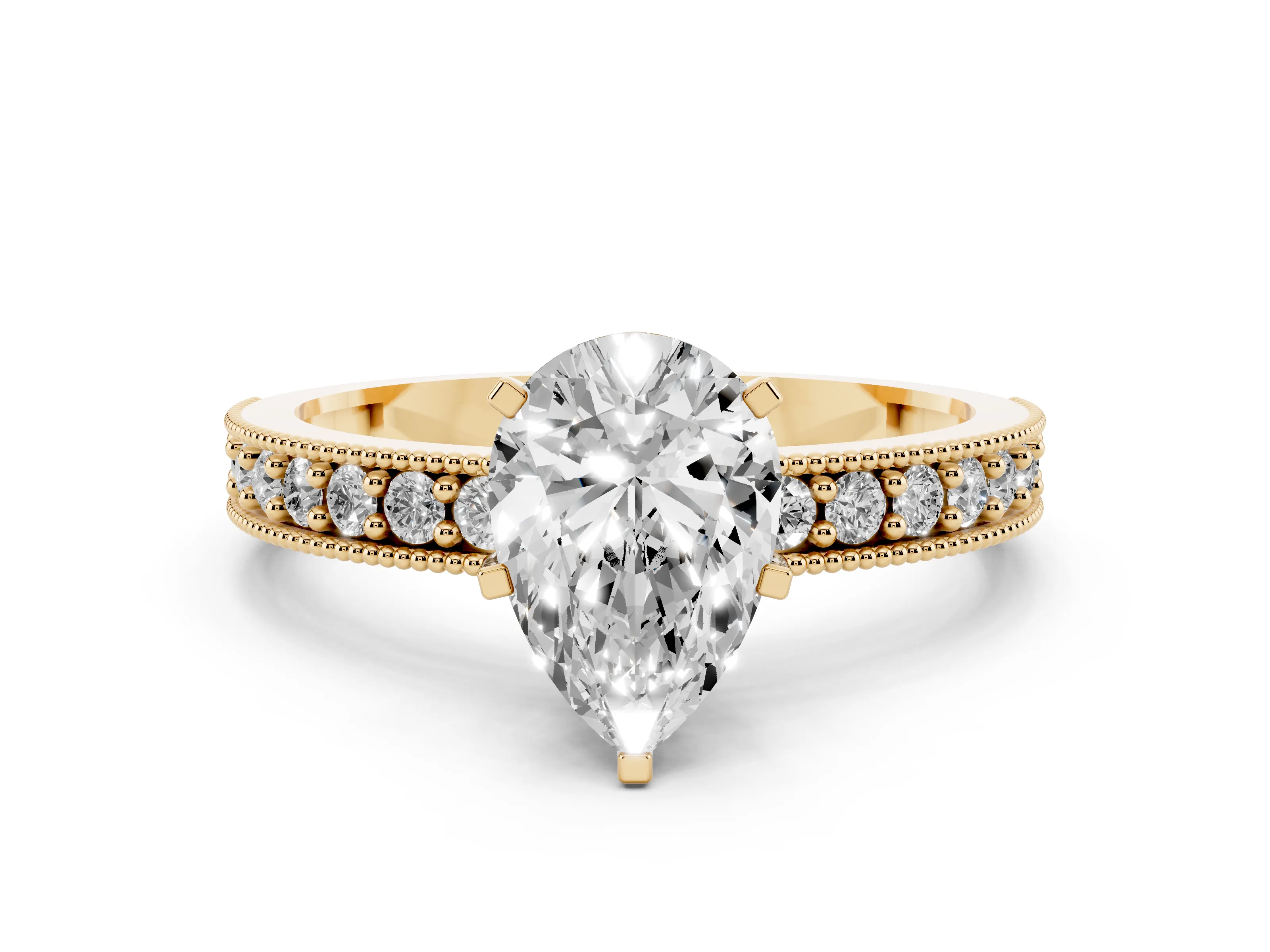 Pear Cut Diamond Milgrain Pavé Engagement Ring Set in Yellow gold with Prong Setting