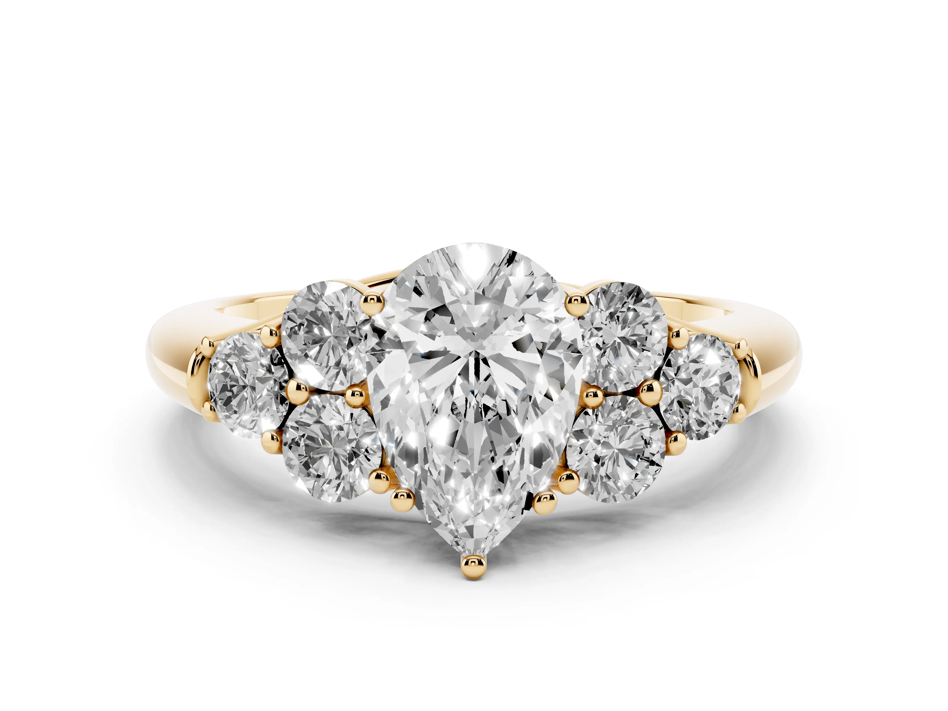 Pear Cut Diamond Cluster Ring Set in Yellow gold with Round Accent Stones and Prong Setting on a Plain Band
