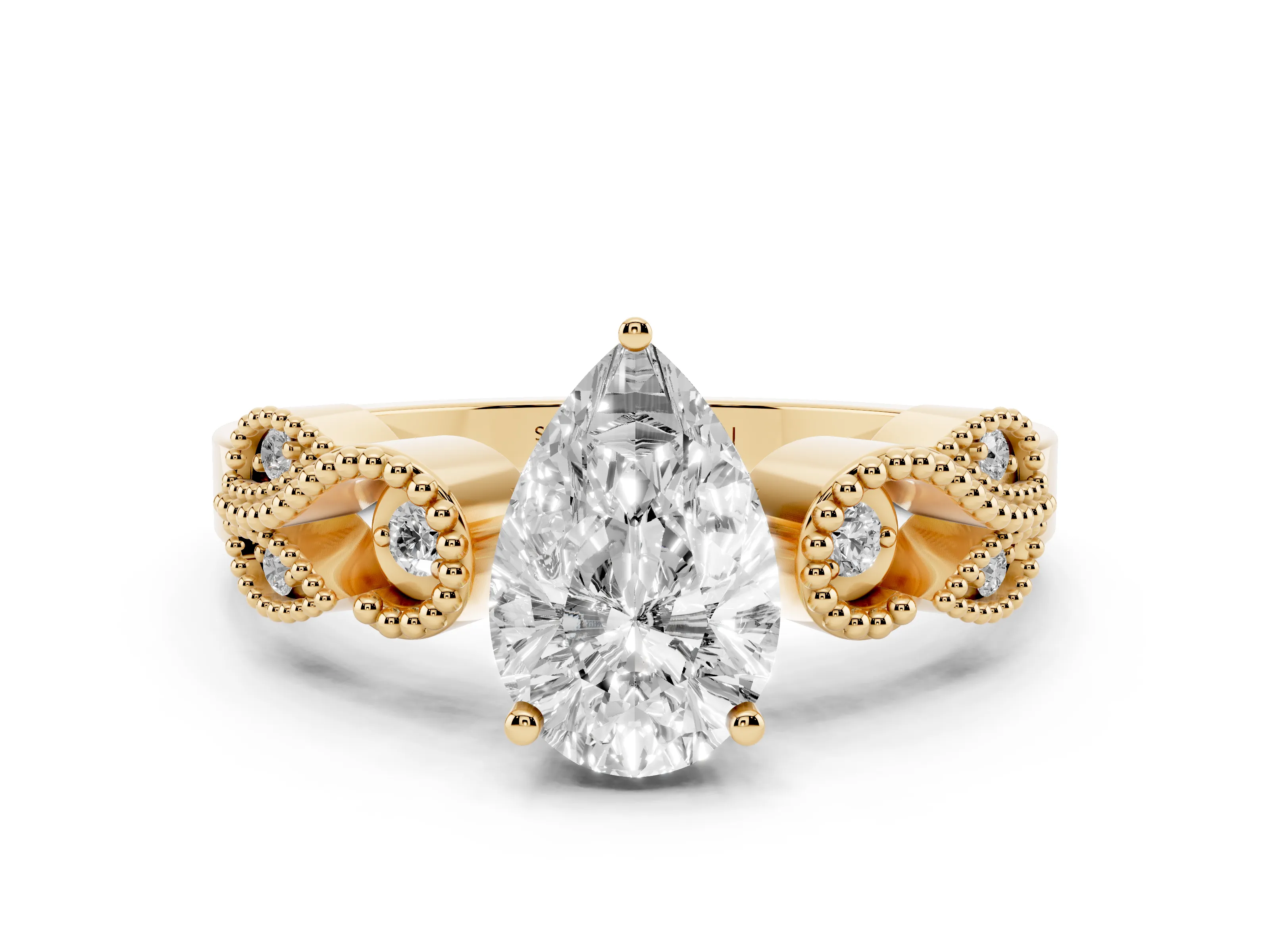 Pear Cut Diamond Milgrain Leaf Band Solitaire Ring Set in Yellow gold with Accent Stones and Prong Setting