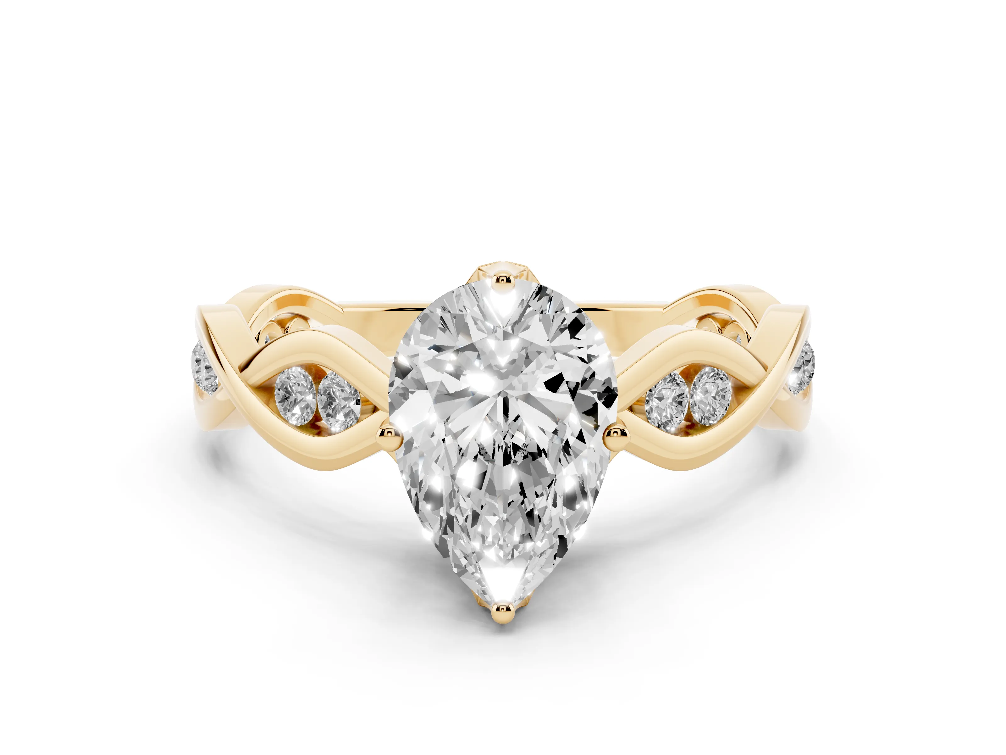Pear Cut Diamond Twist Band Solitaire Ring Set in Yellow gold with Leaf Prong Setting and Accent Stones
