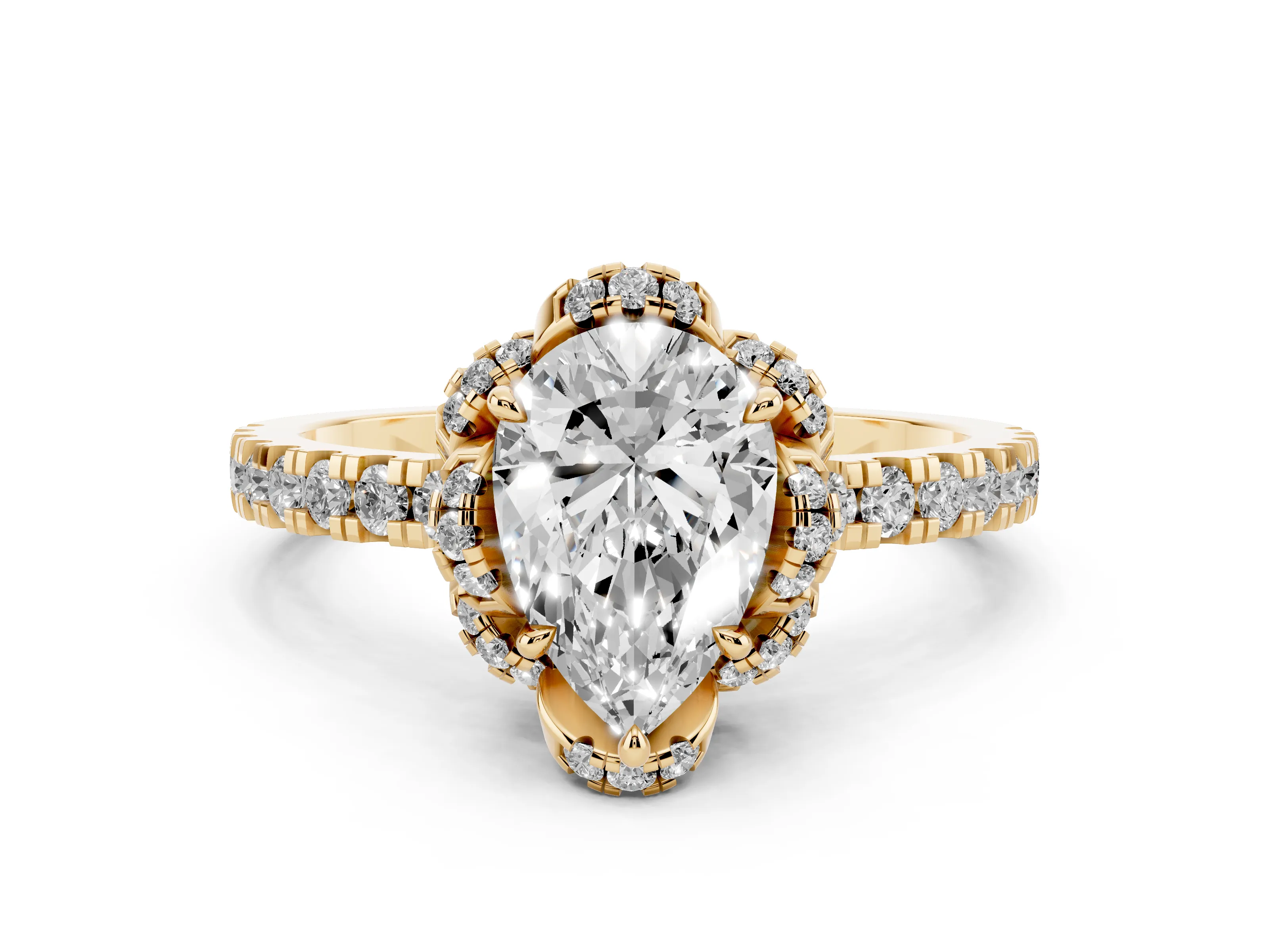 Pear Cut Diamond Halo Pavé Band Ring Set in Yellow gold with Prong-Held Center