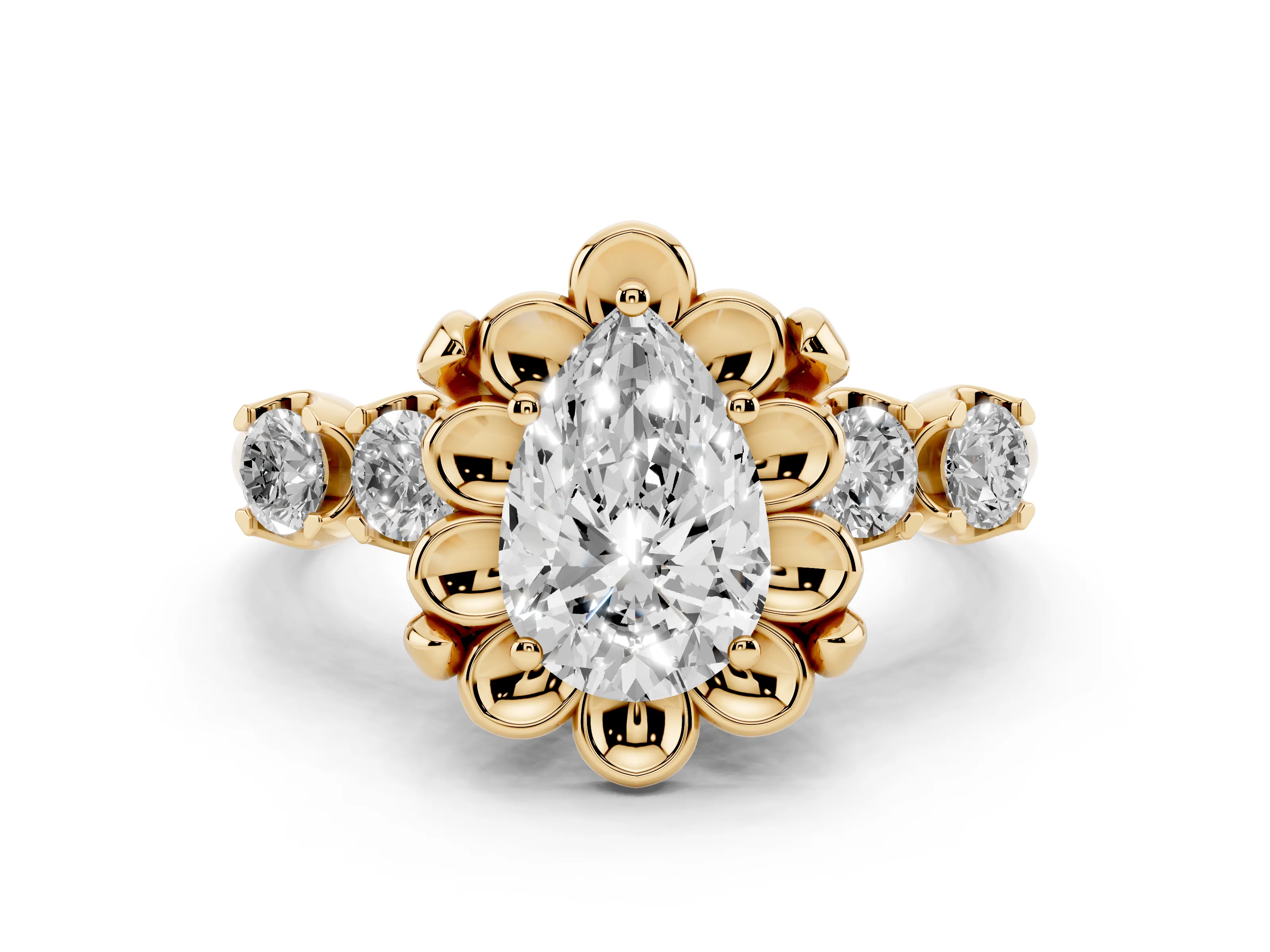 Pear Cut Diamond Floral Halo Ring Set in Yellow gold with Shared Prong Band