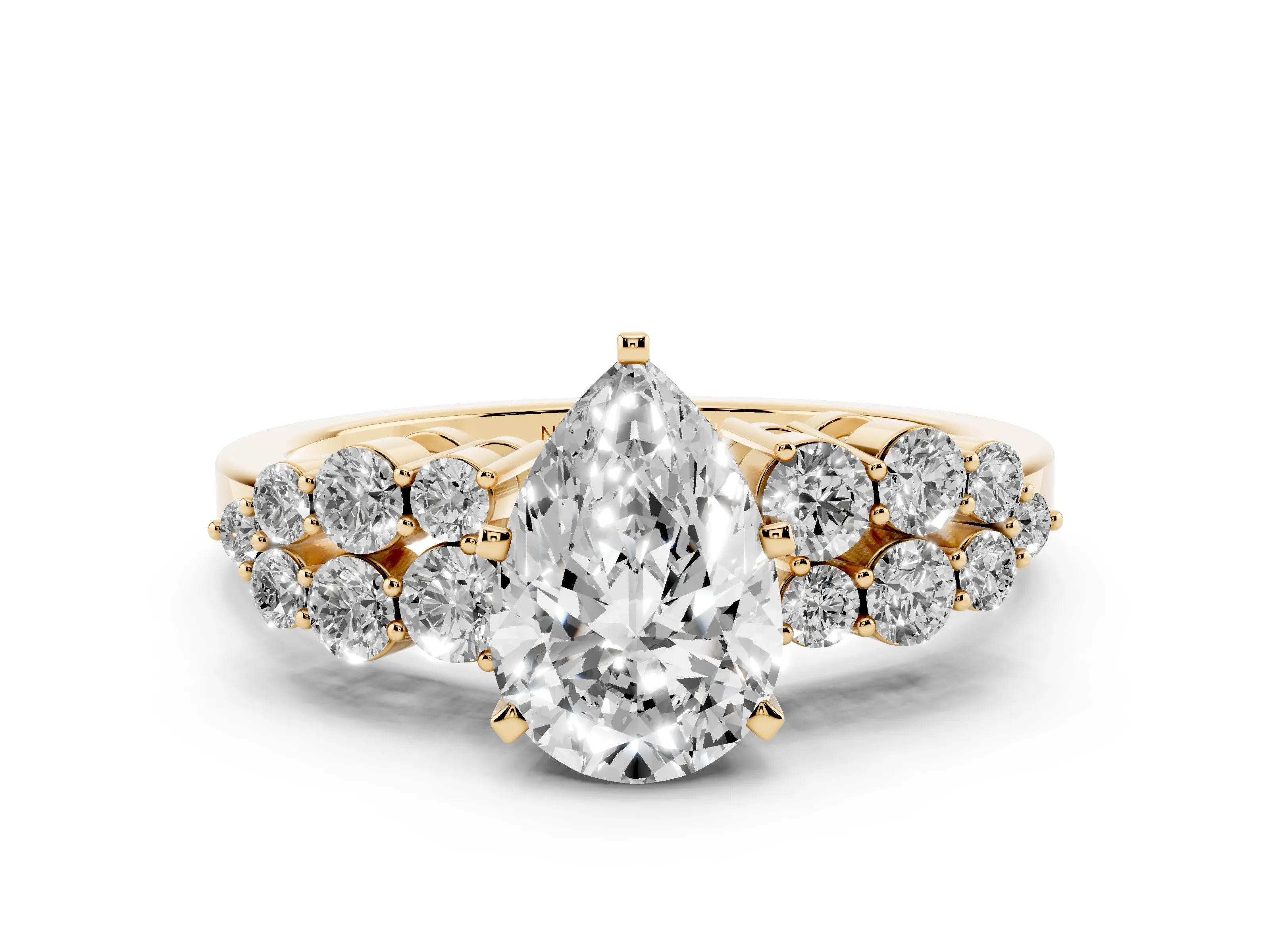 Pear Cut Diamond Cluster Engagement Ring Set in Yellow gold with Pavé Band and Prong Setting