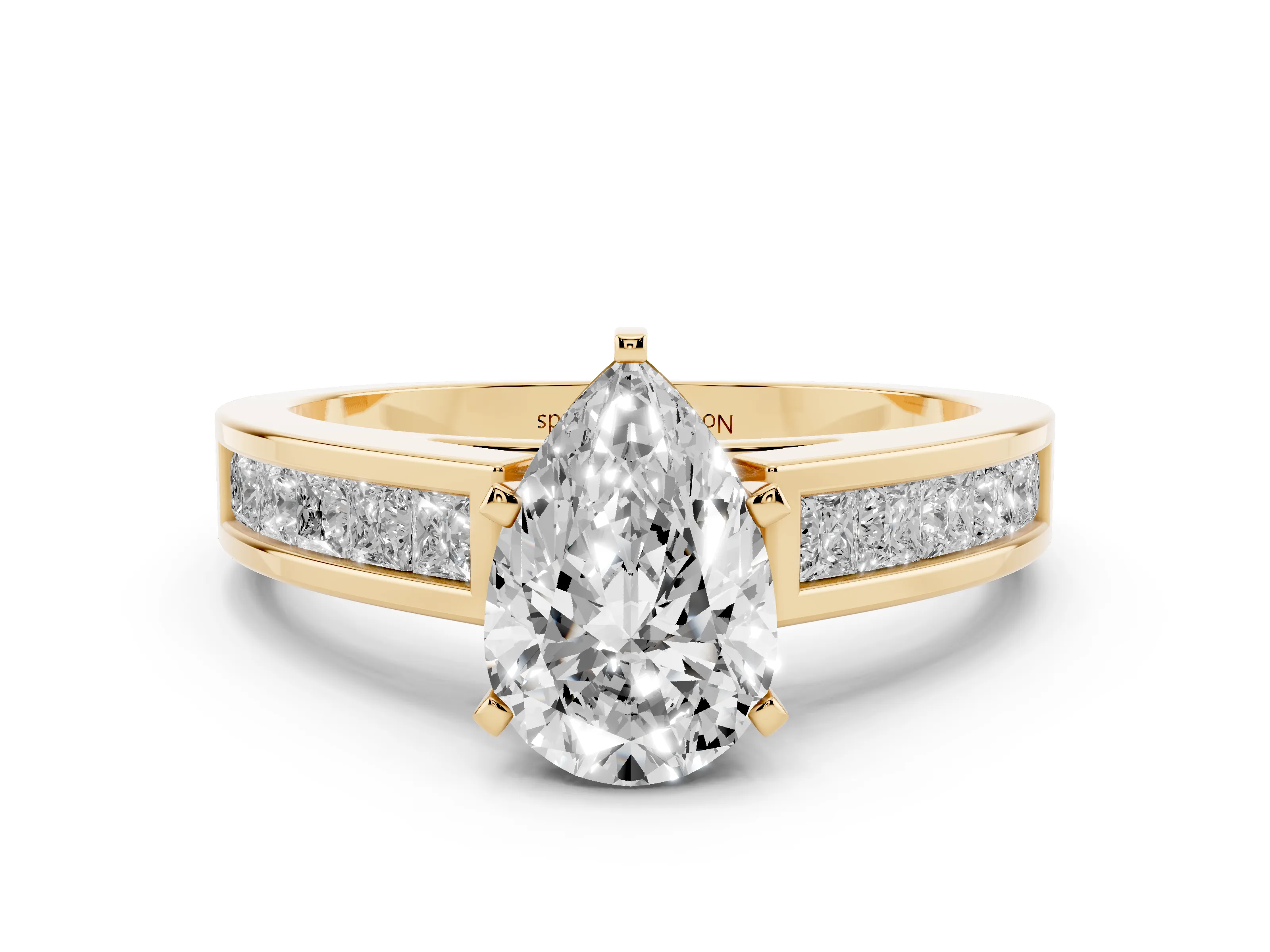 Pear Cut Diamond Solitaire Ring Set in Yellow gold with Channel-Set Band and Prong Setting