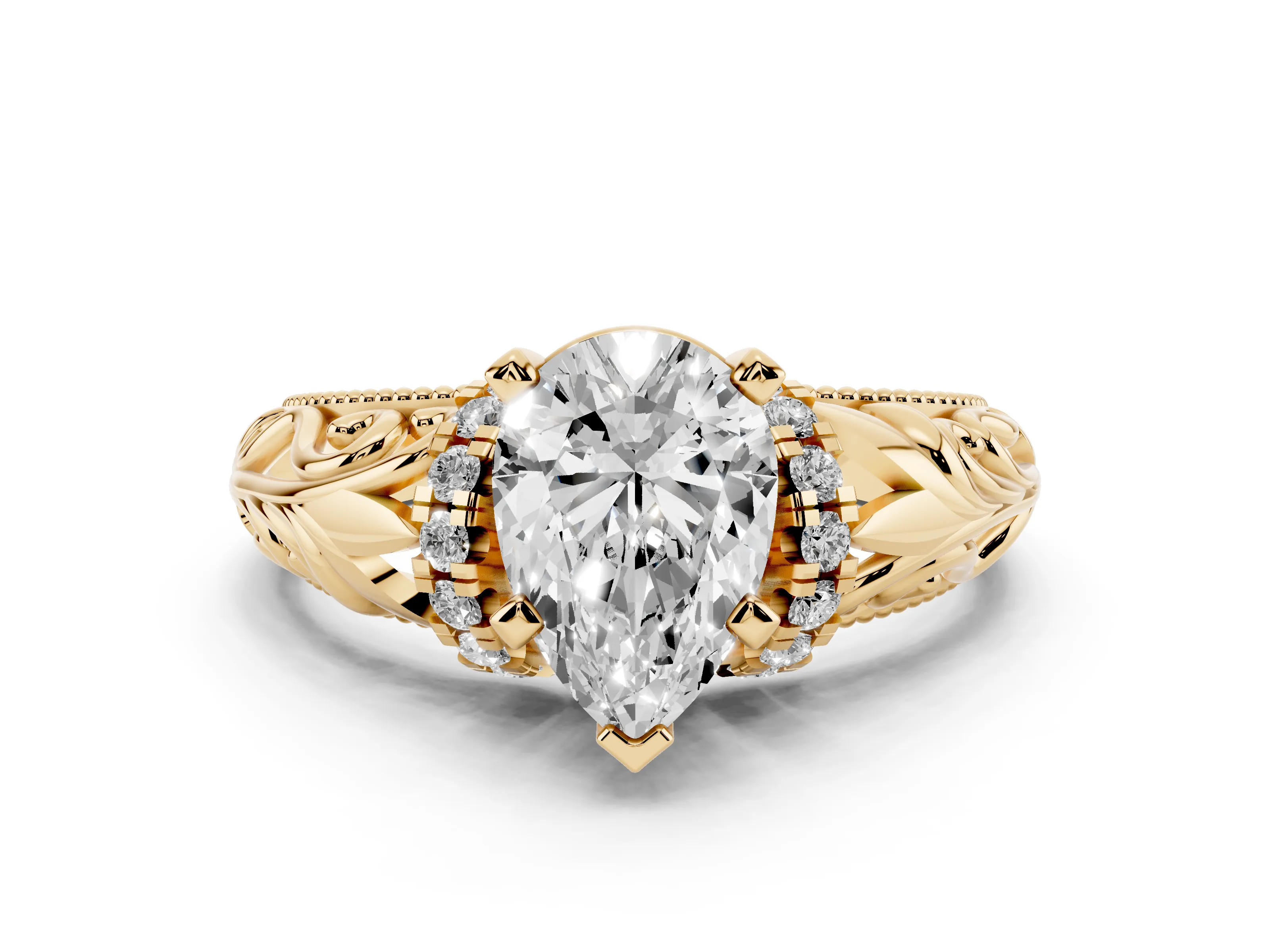 Pear Cut Diamond Filigree Halo Engagement Ring Set in Yellow gold with Prong Setting