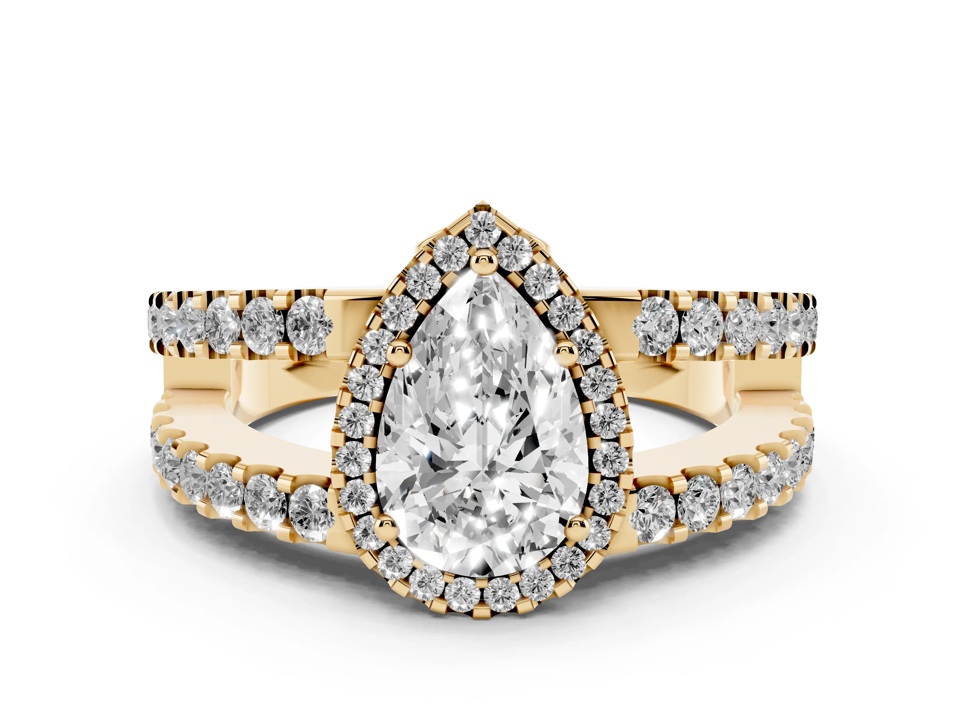 Pear Cut Diamond Halo Ring Set in Yellow gold with Pavé Split Shank and Prong Setting