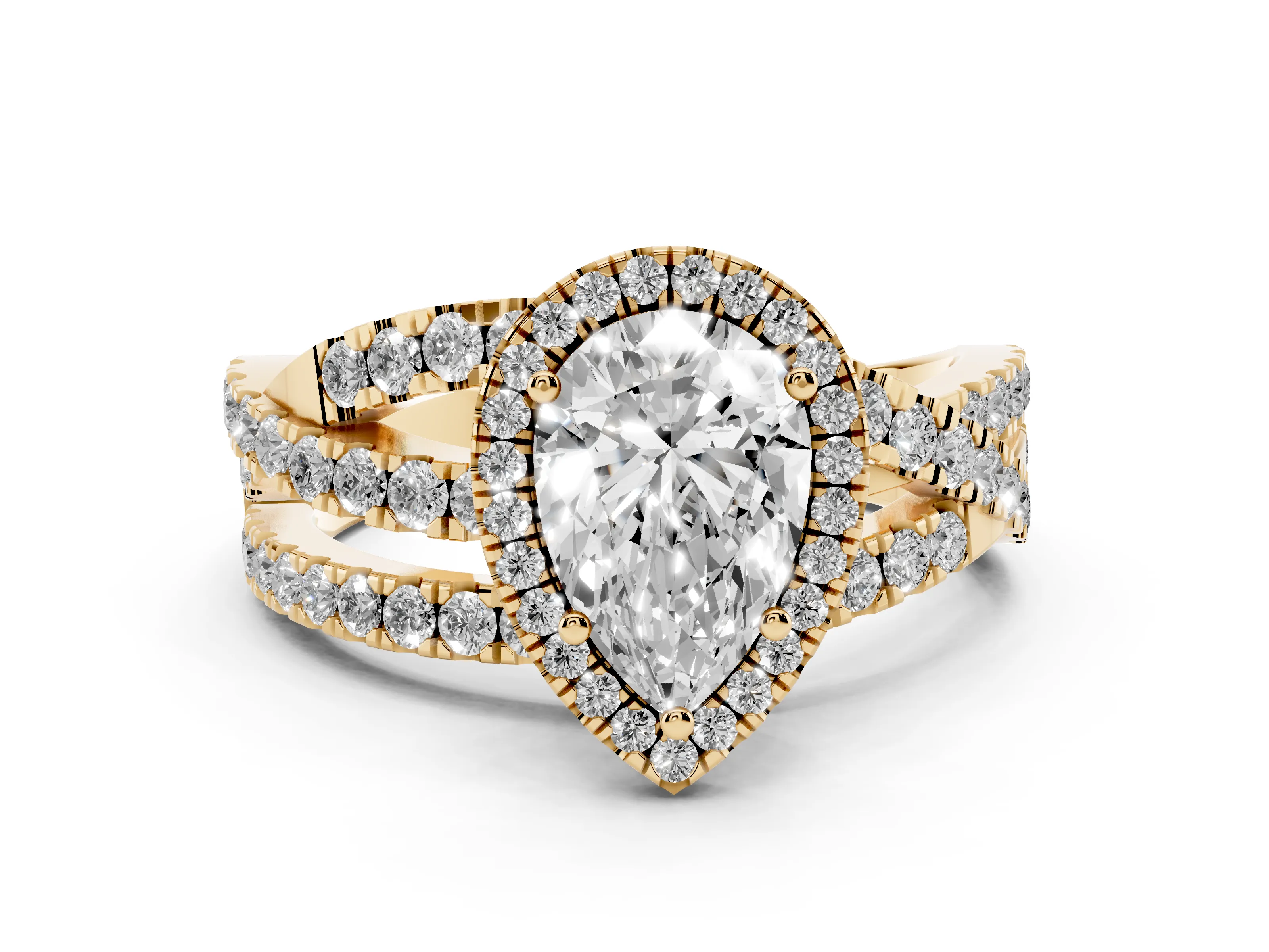 Pear Cut Diamond Halo Ring Set in Yellow gold with Round Crossover Split Shank and Prong Setting