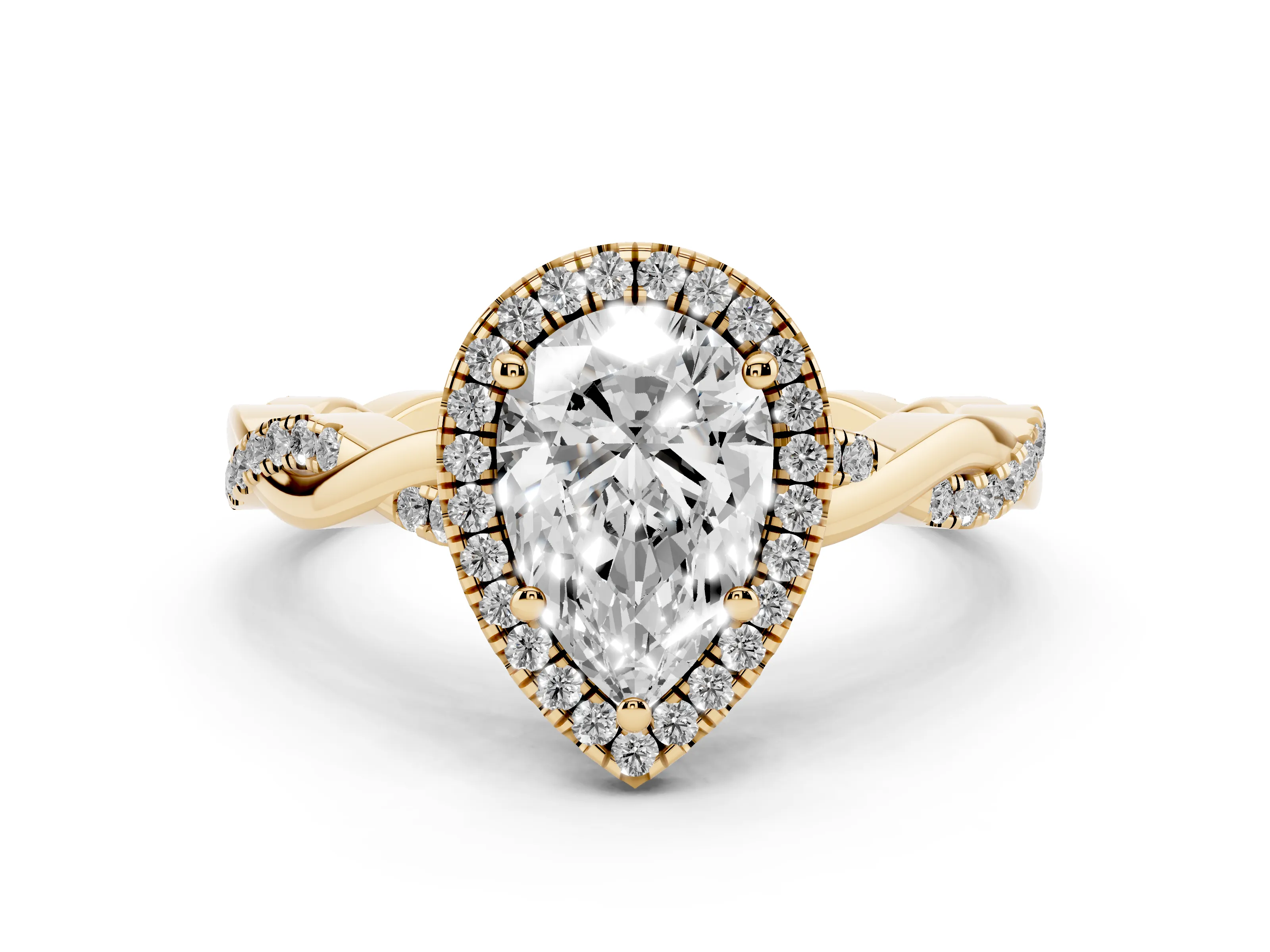 Pear Cut Diamond Halo Twisted Band Ring Set in Yellow gold with Prong Setting