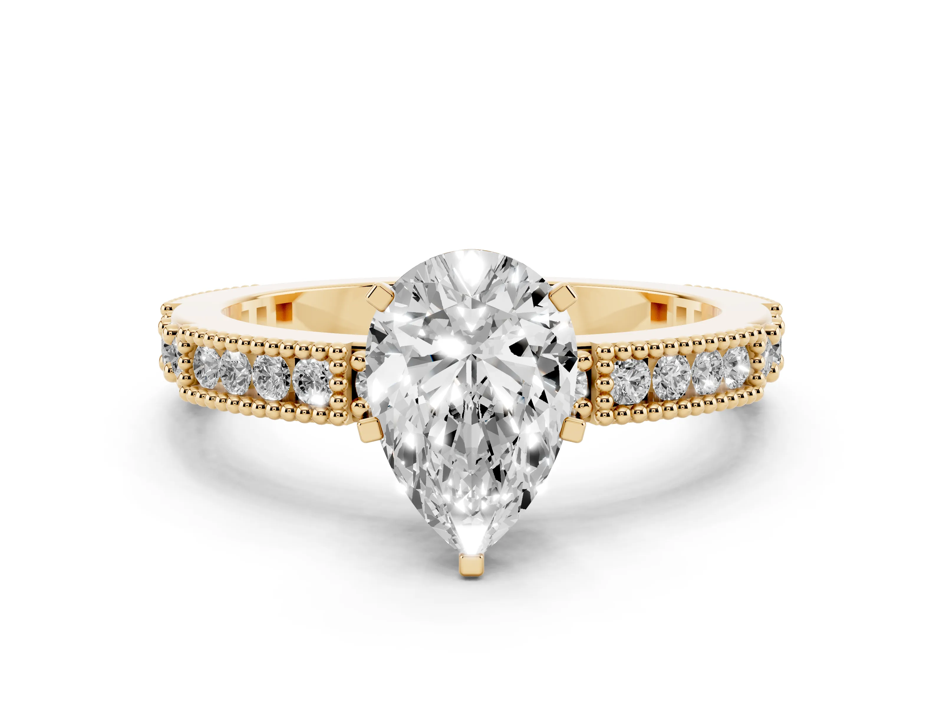 Pear Cut Diamond Solitaire Ring Set in Yellow gold with Slim Pavé Band and Prong Setting