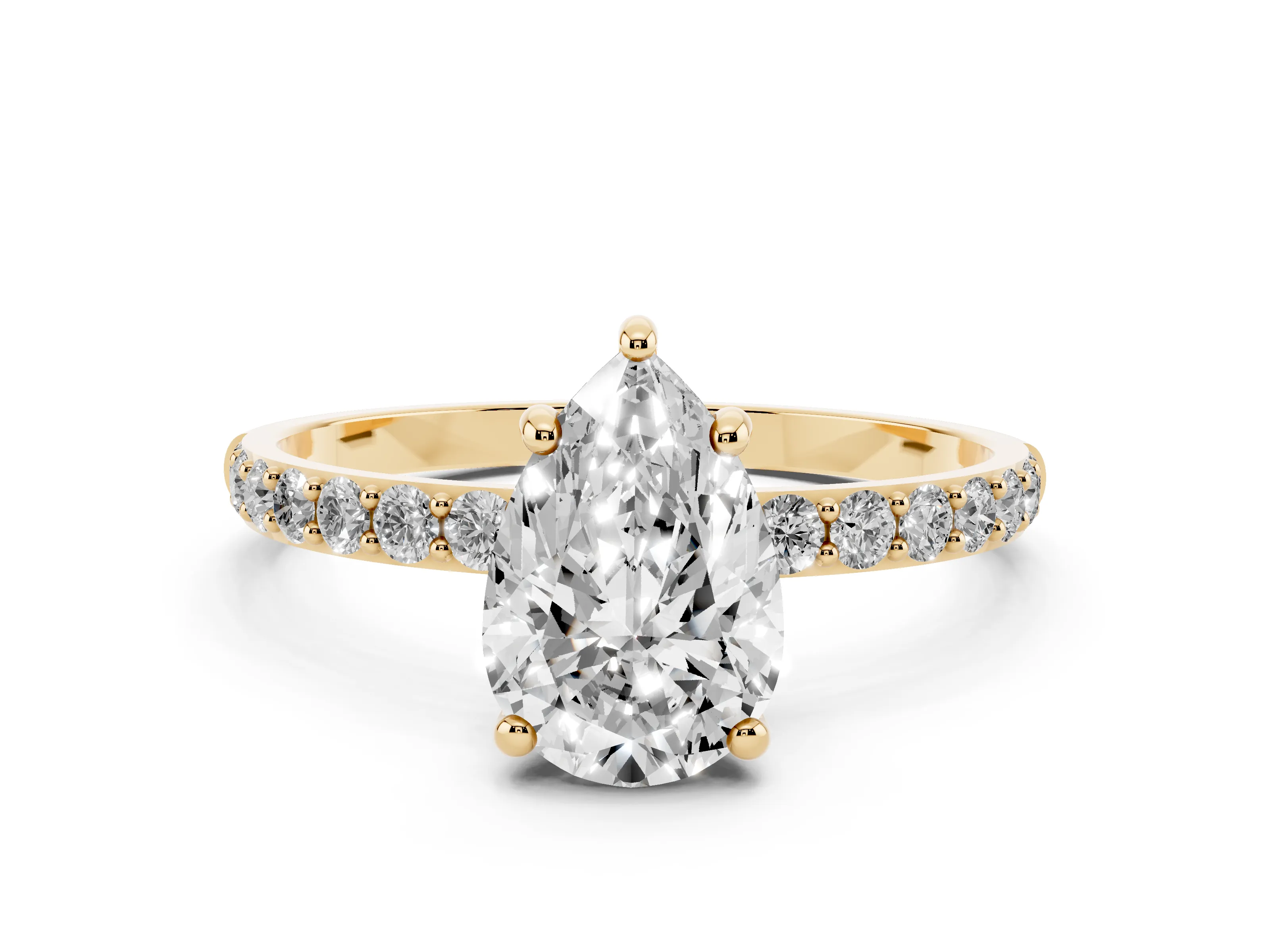 Pear Cut Diamond Solitaire Ring Set in Yellow gold with Round Pavé Band and Prong Setting