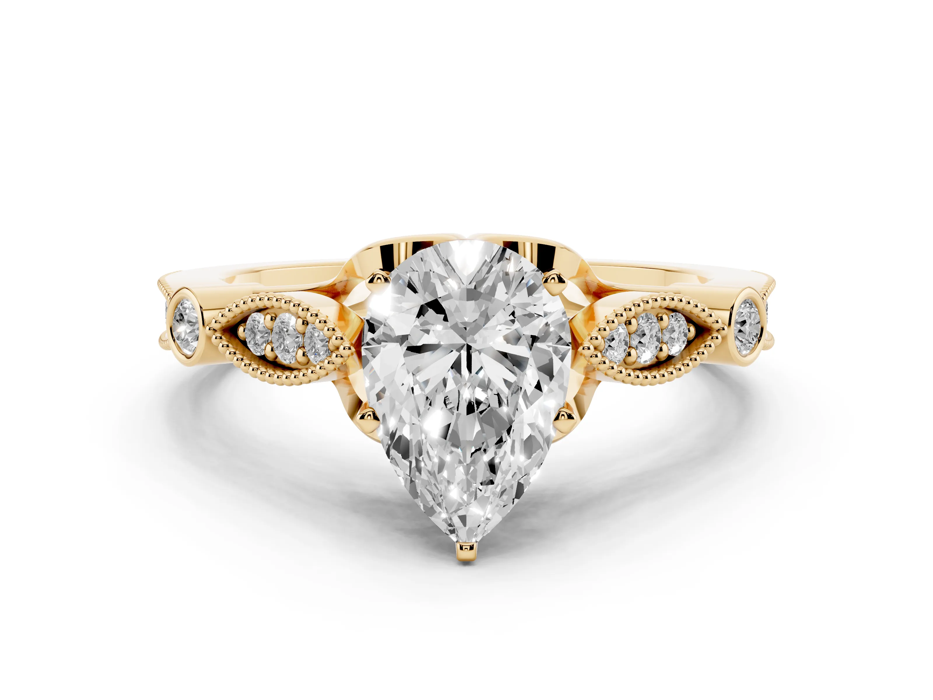 Pear Cut Diamond Solitaire Ring Set in Yellow gold with Milgrain Marquise and Bezel Accents