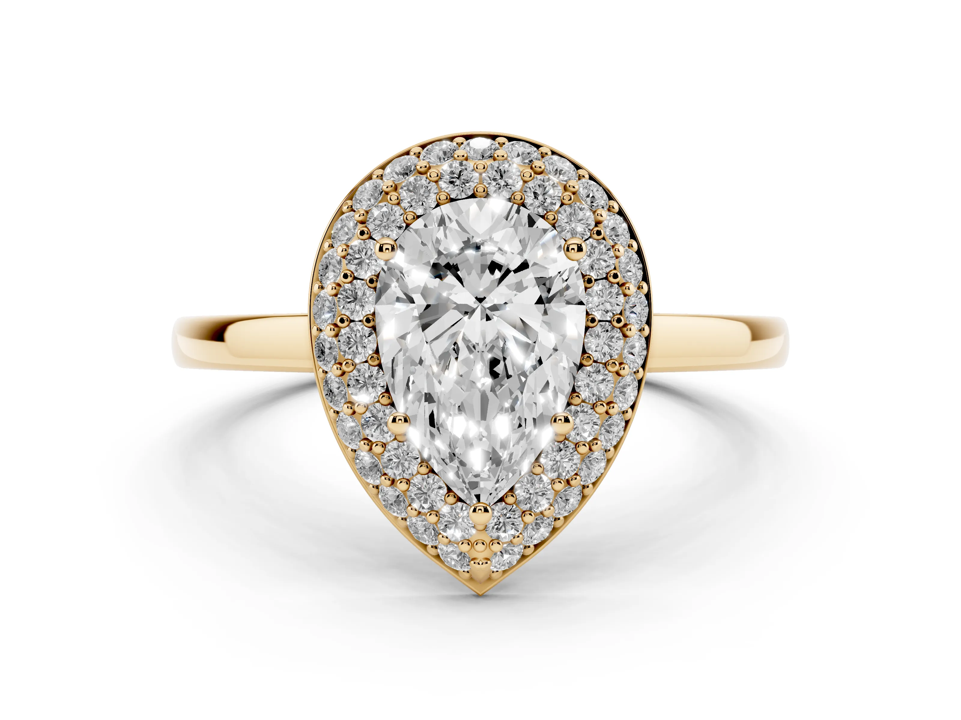 Pear Cut Diamond Halo Engagement Ring Set in Yellow gold with Solitaire Band and Prong Setting