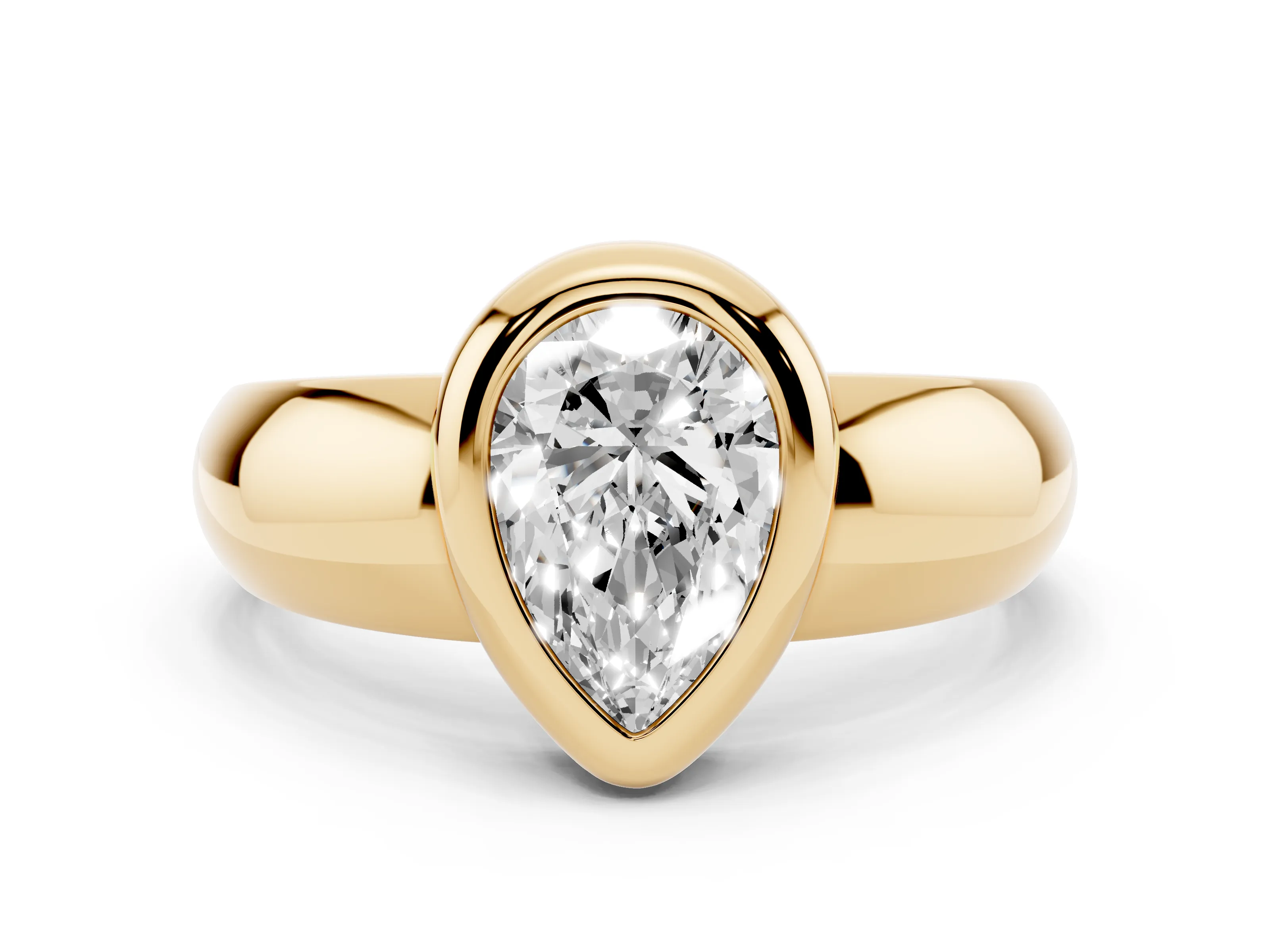 Bezel Set Pear Cut Diamond Solitaire Ring Set in Yellow gold with Wide Band