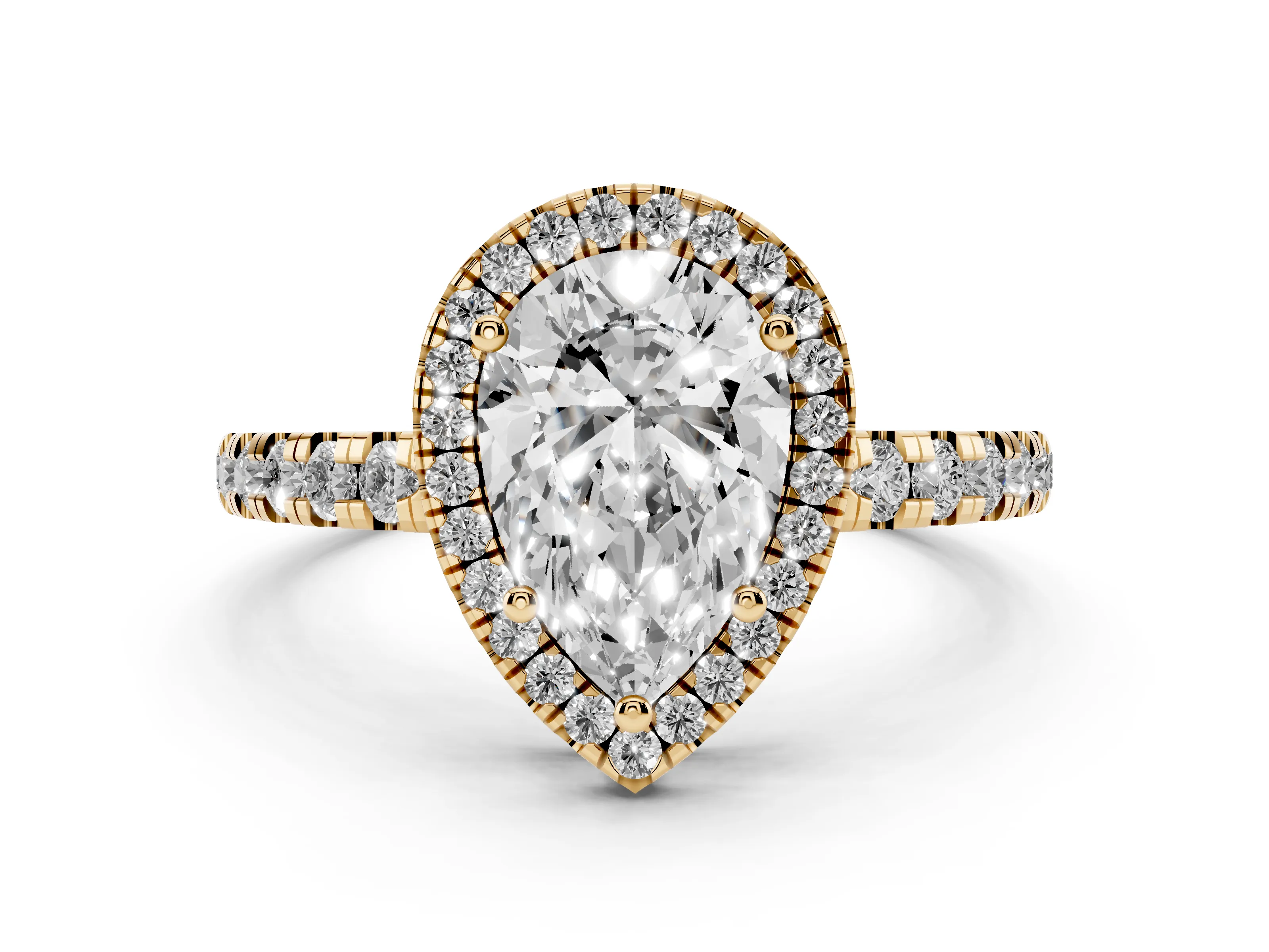 Pear Cut Diamond Halo Ring Set in Yellow gold with Delicate Pavé Band and Prong Setting