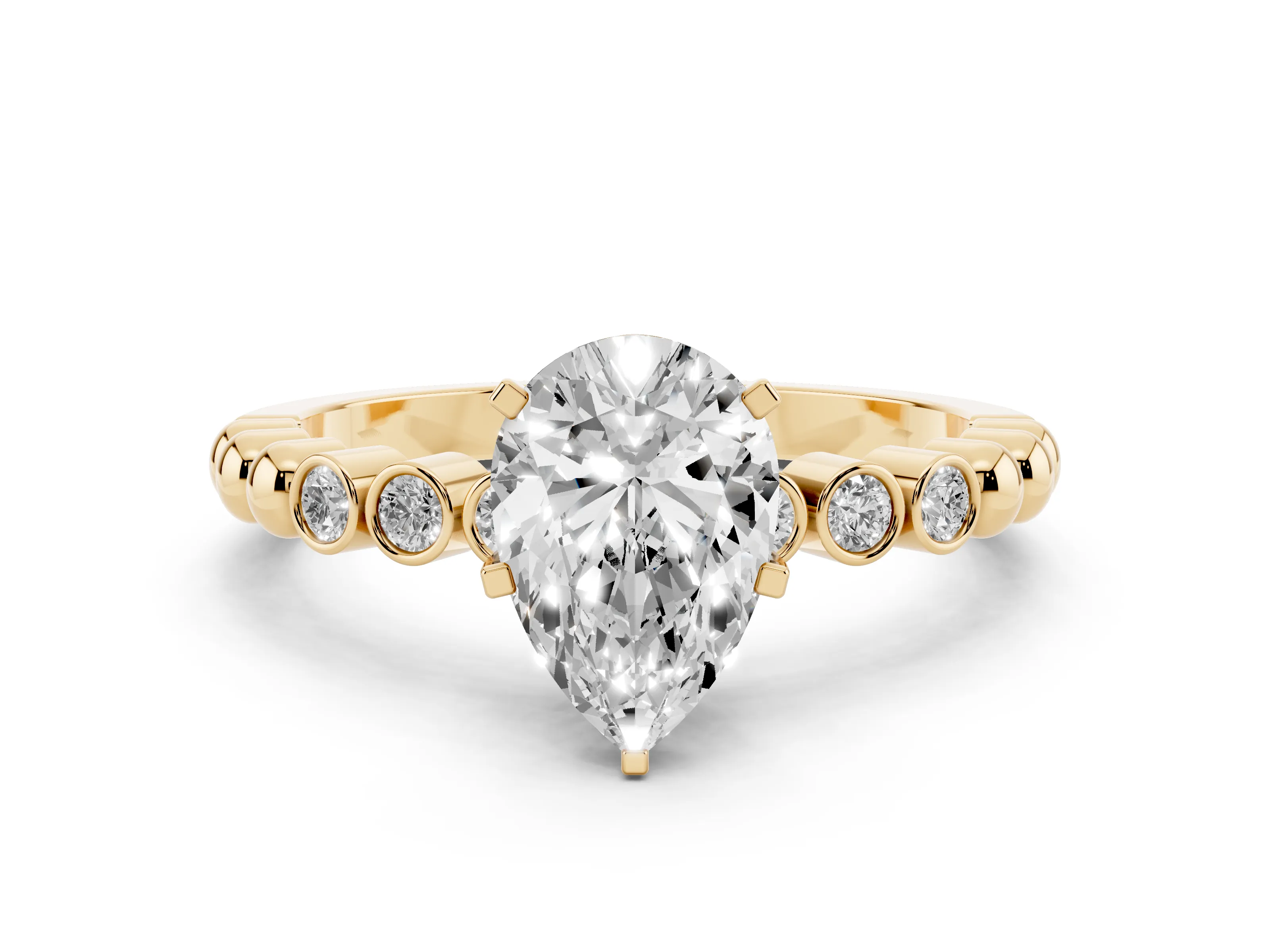 Pear Cut Diamond Solitaire Engagement Ring Set in Yellow gold with Bezel Accents on Beaded Band