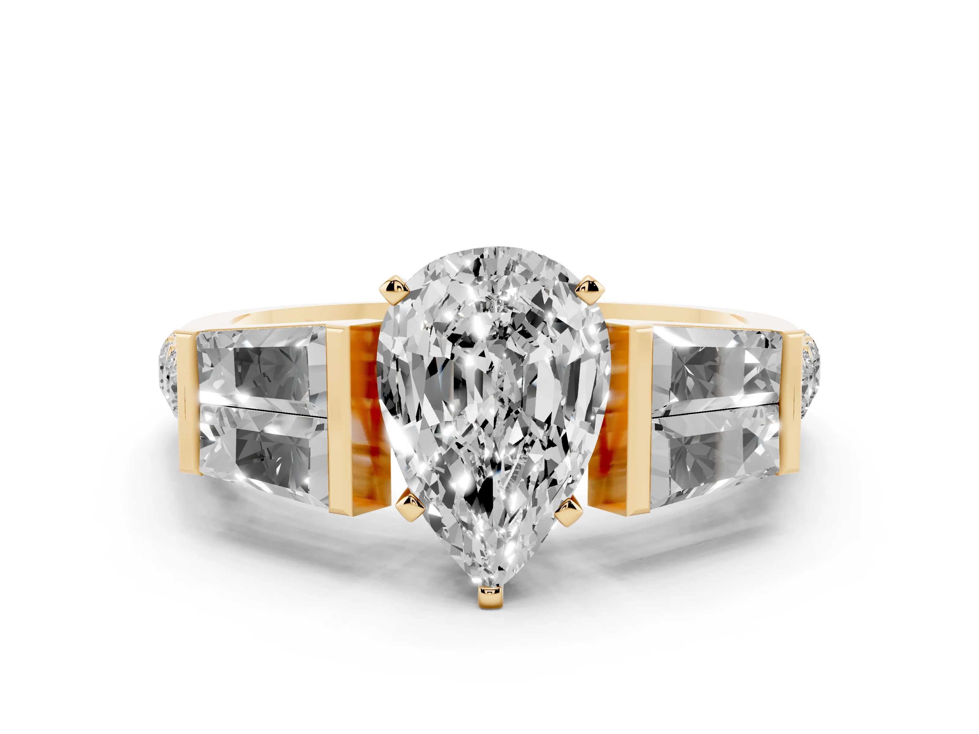 Pear Cut Diamond Engagement Ring Set in Yellow gold with Baguette Side Stones and Channel Set Band