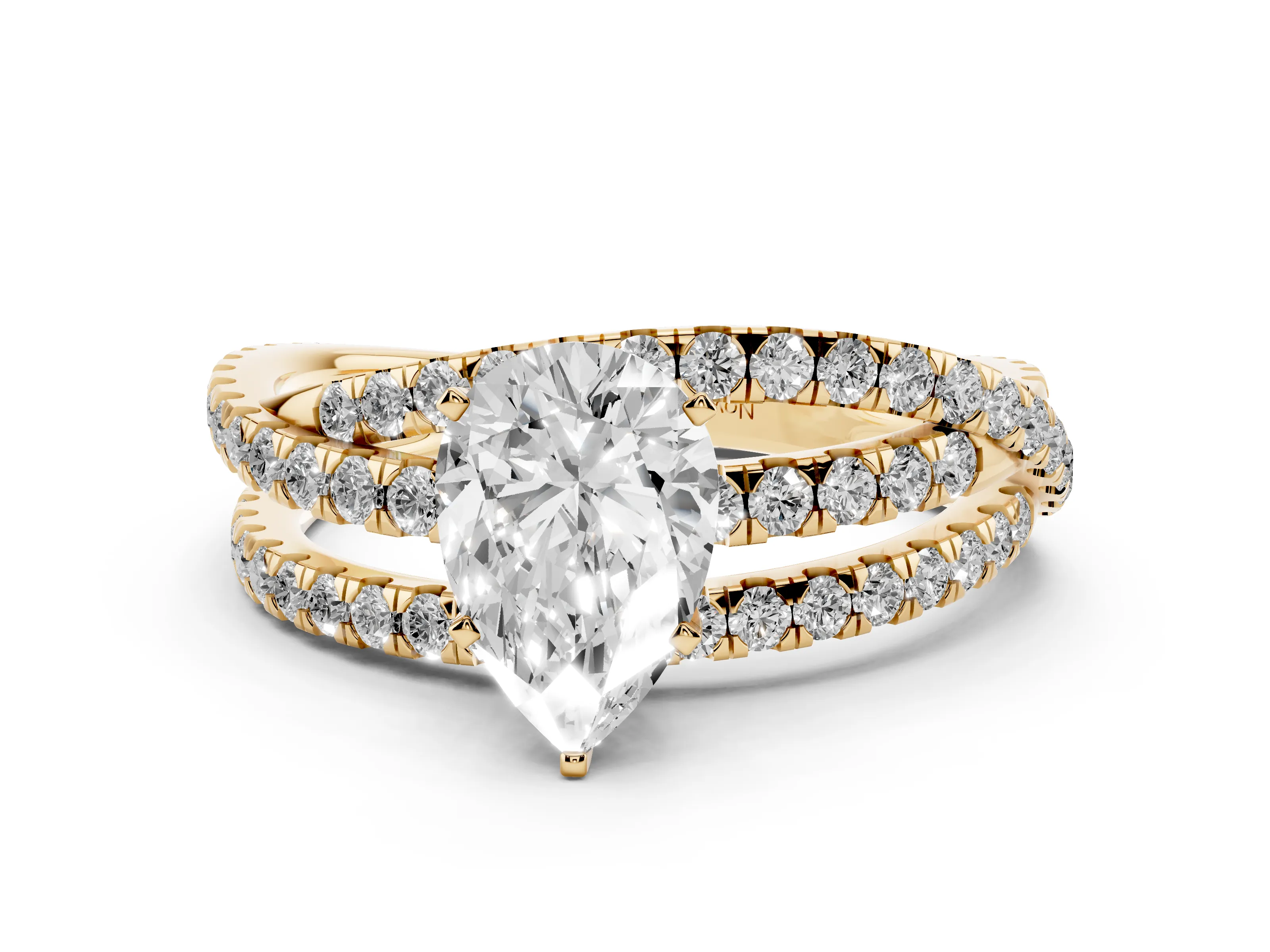 Pear Cut Diamond Solitaire Twist Band Ring Set in Yellow gold with Pavé Setting and Prong Head