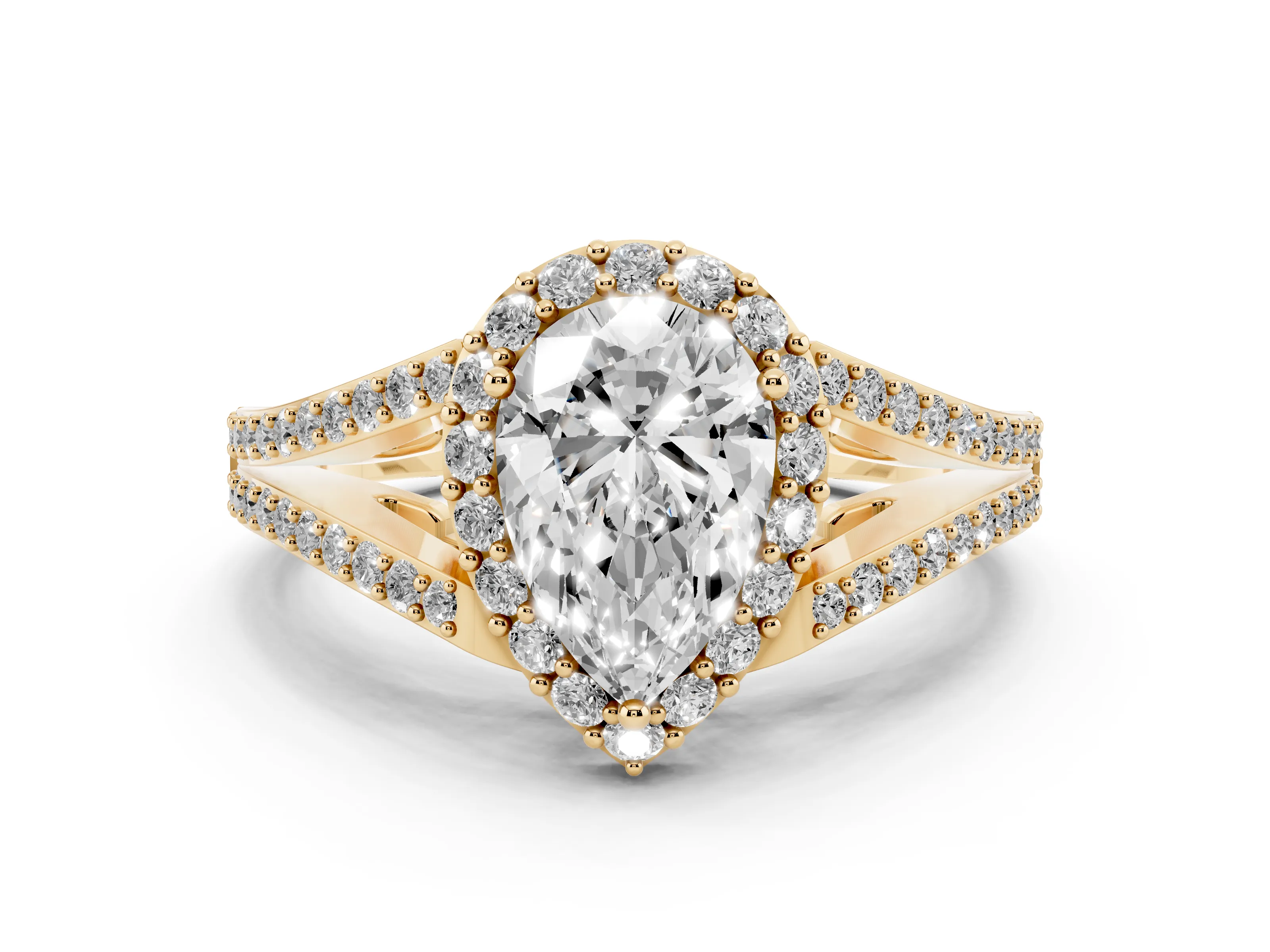 Pear Cut Diamond Halo Split Shank Pavé Ring Set in Yellow gold with Prong Setting