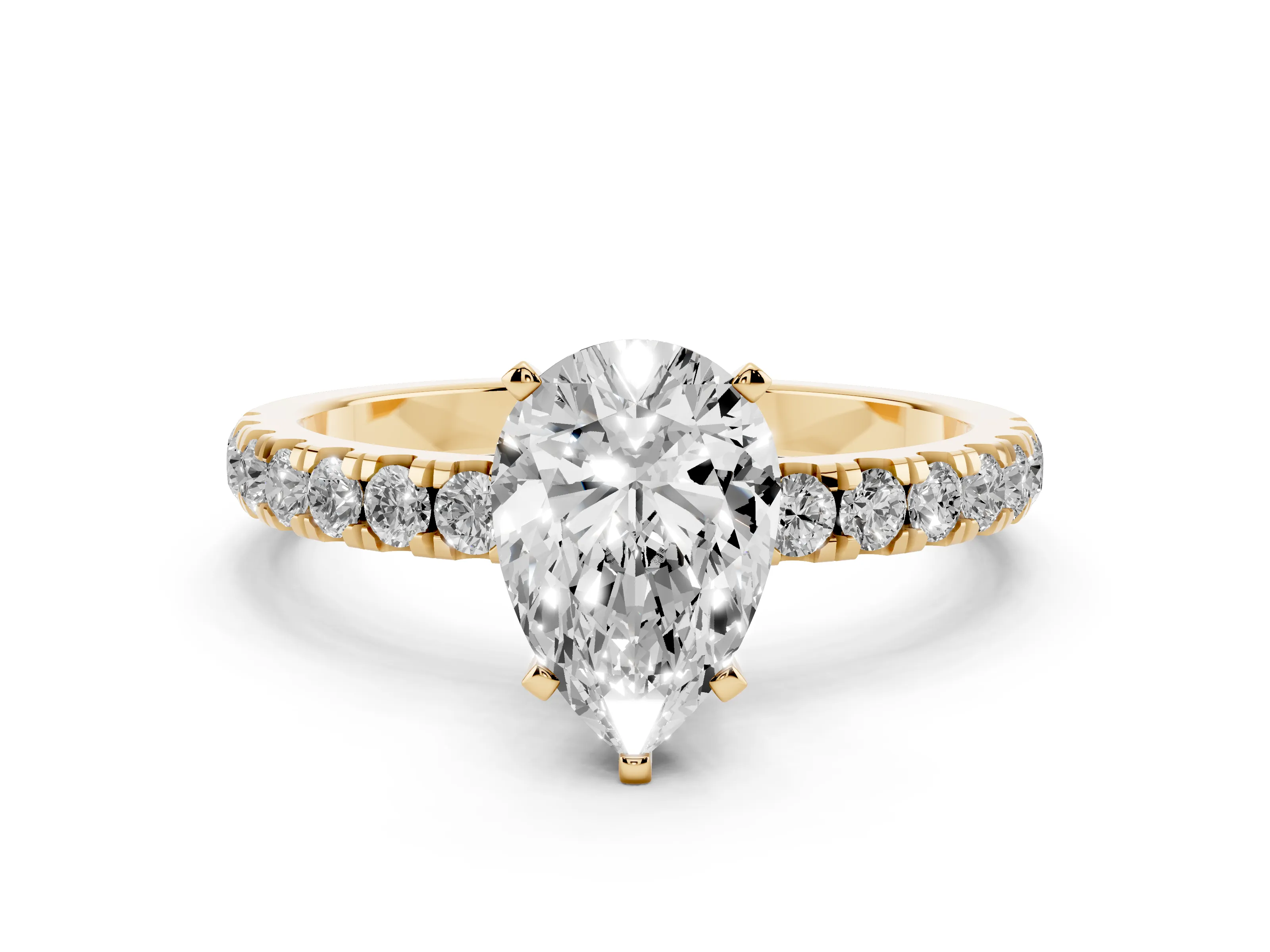Pear Cut Diamond Solitaire Ring Set in Yellow gold with Pavé Accents and Prong Setting