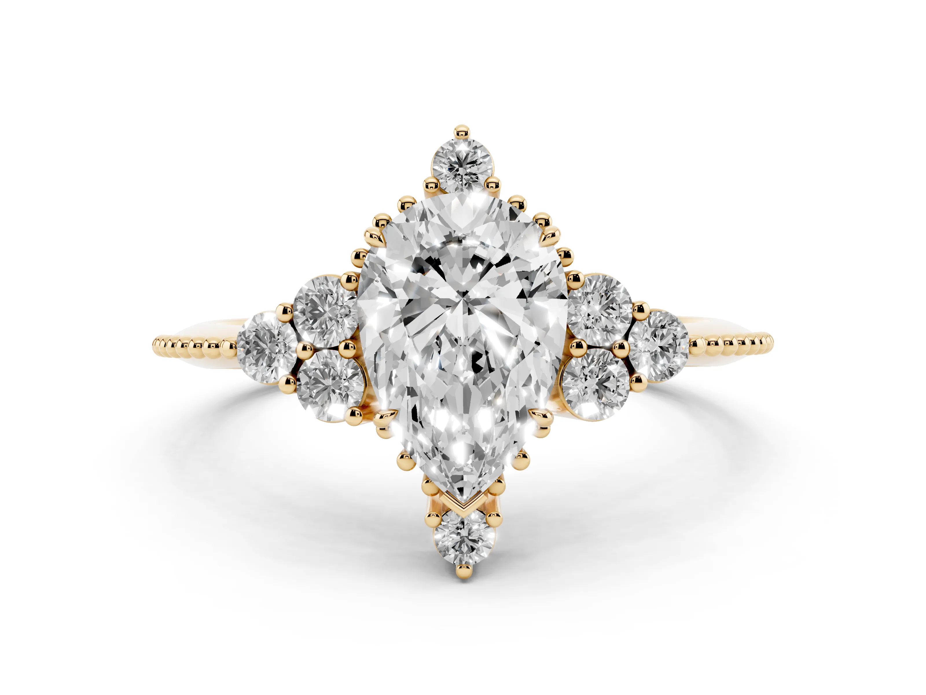 Pear Cut Diamond Cluster Ring Set in Yellow gold with Beaded Band