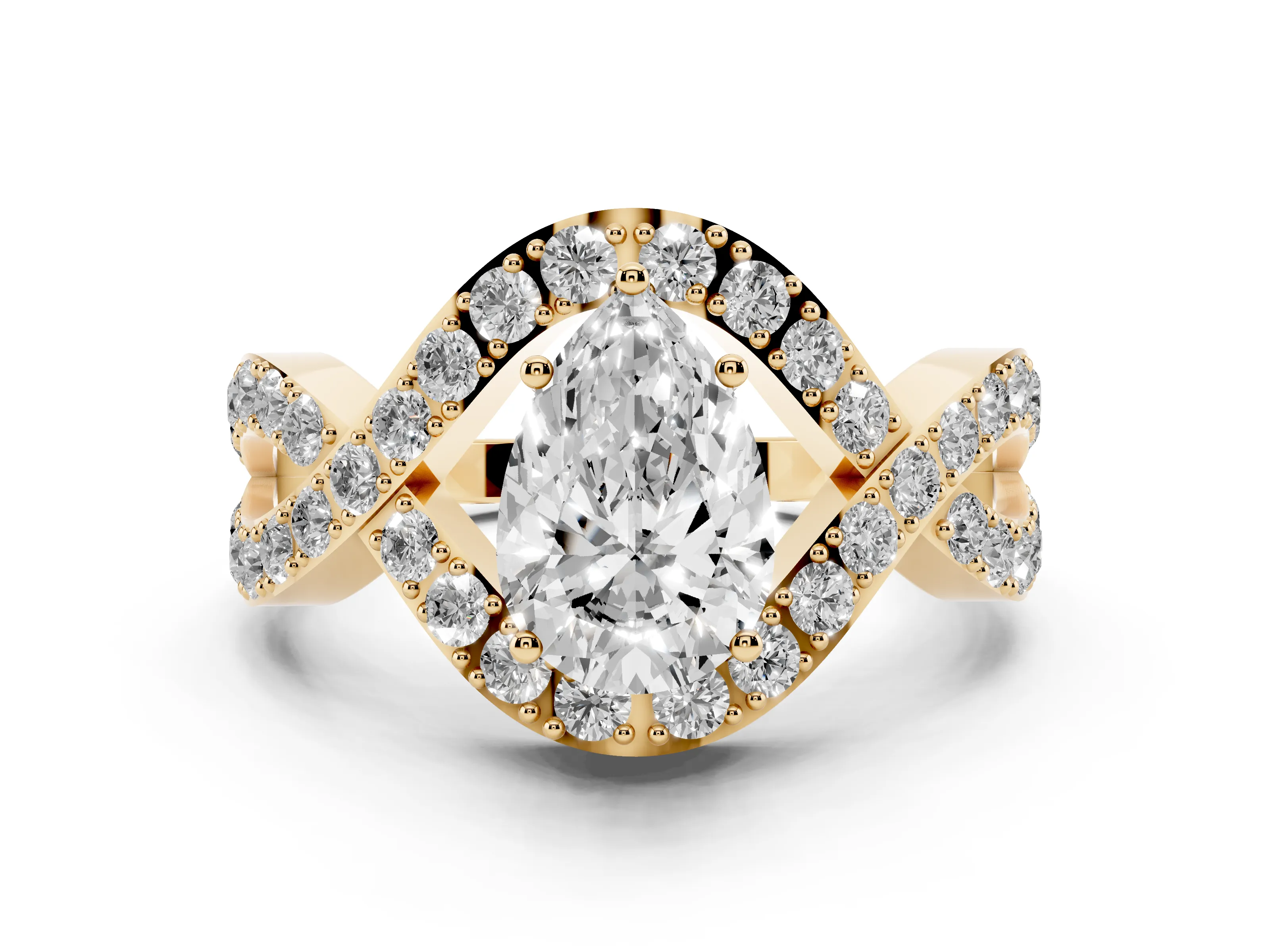 Pear Cut Diamond Solitaire Twist Band Pavé Engagement Ring Set in Yellow gold