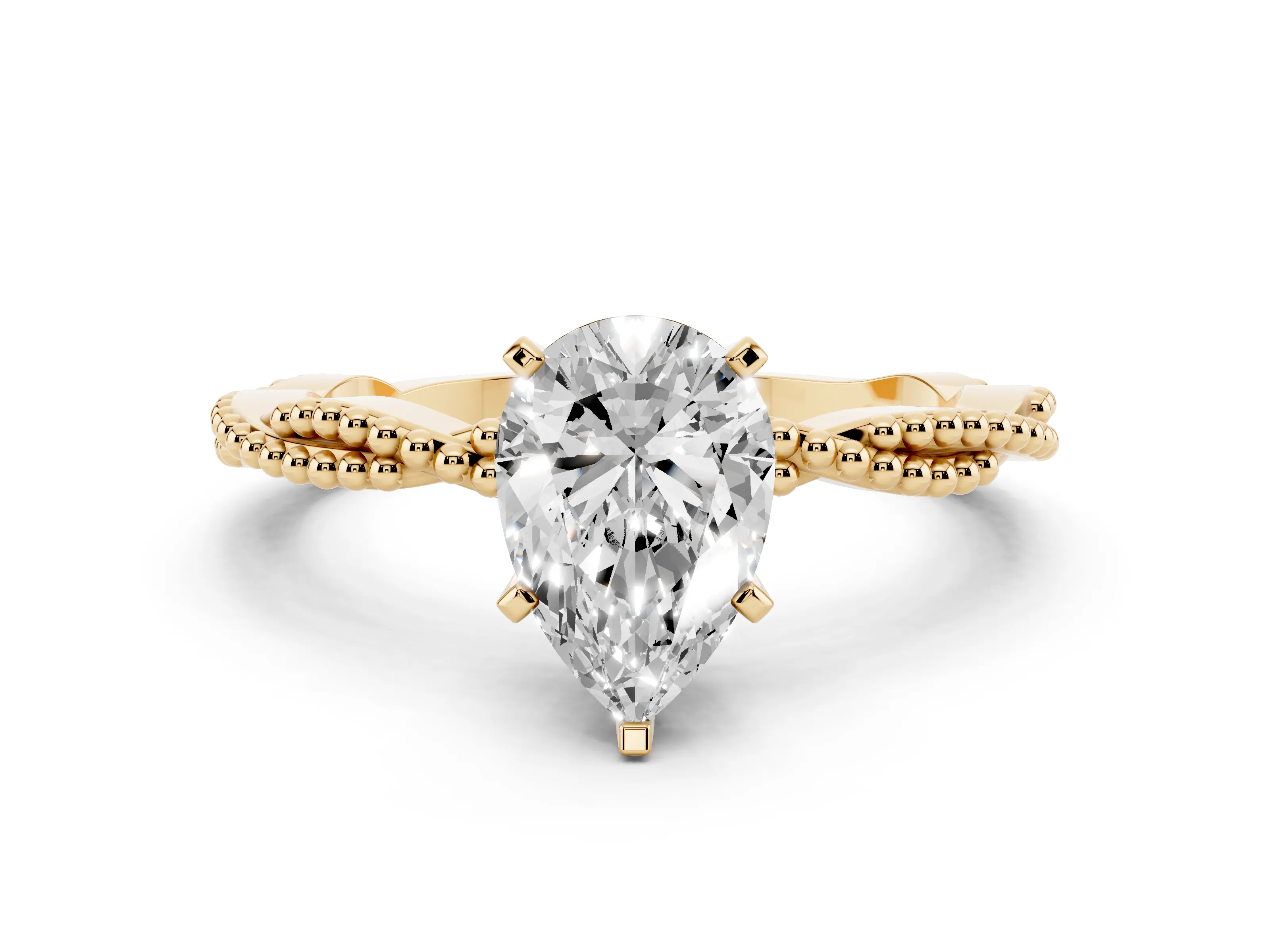 Pear Cut Diamond Solitaire Ring Set in Yellow gold with Twisted Band and Bead Prong Setting